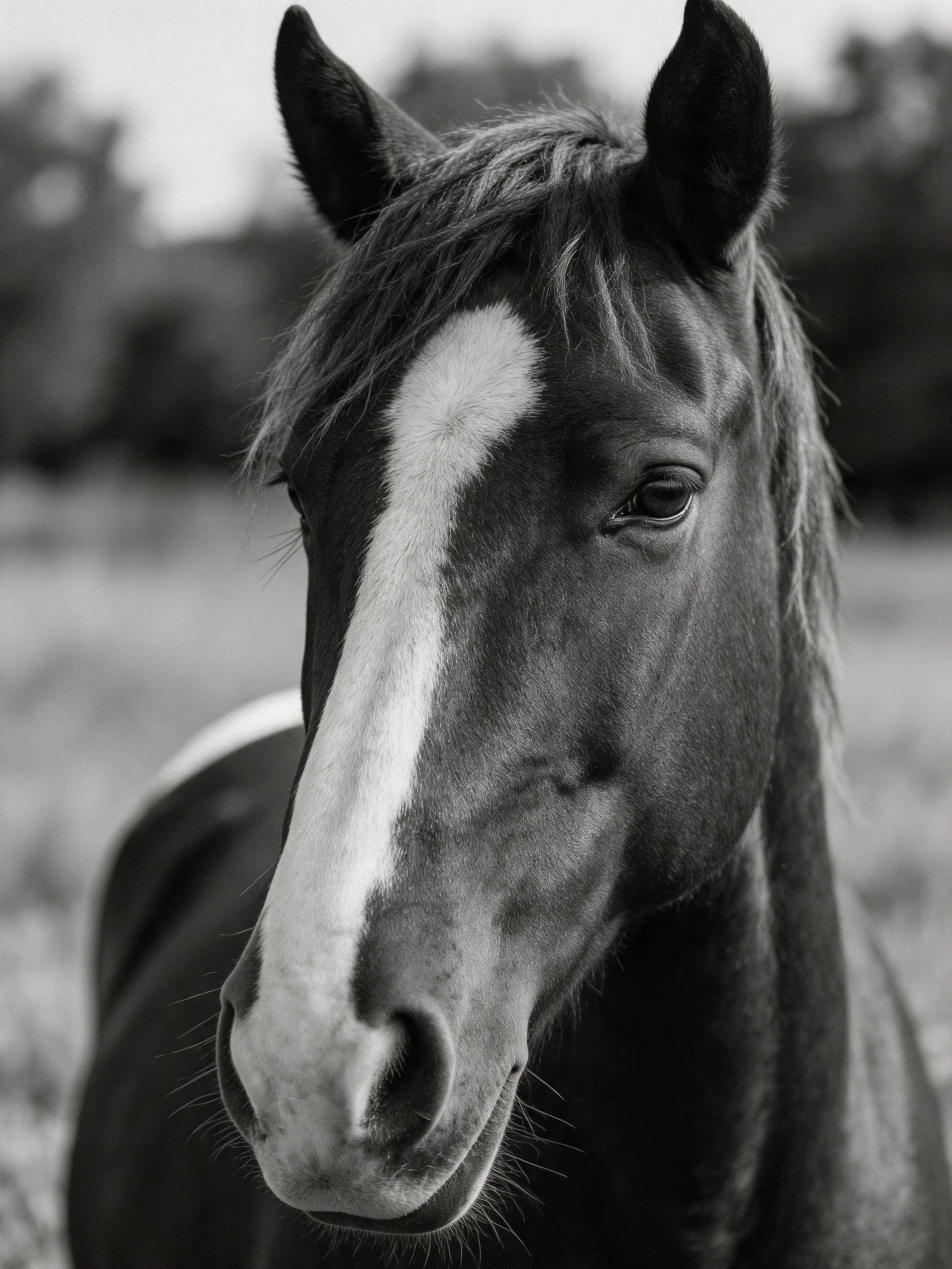 A close - up of a dark - coated horse with a prominent white blaze