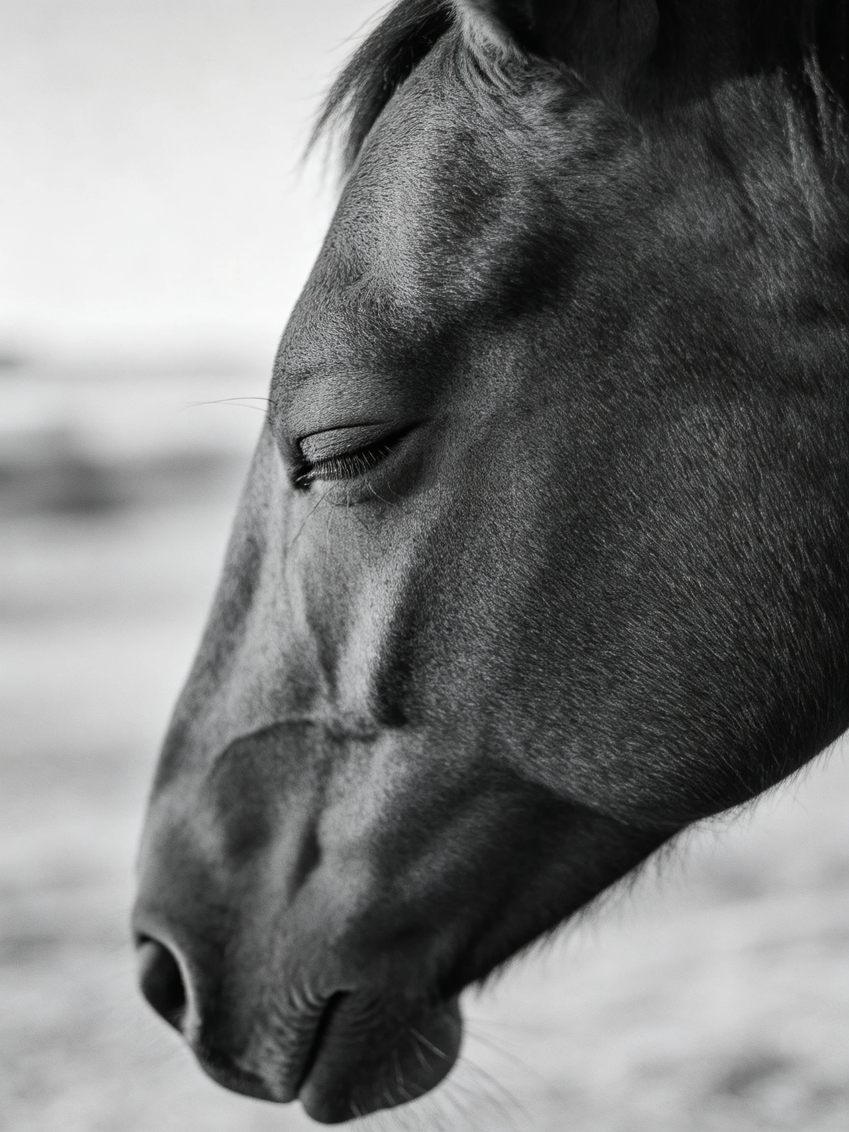 A close - up of a dark - coated horse with closed eyes in monochrome