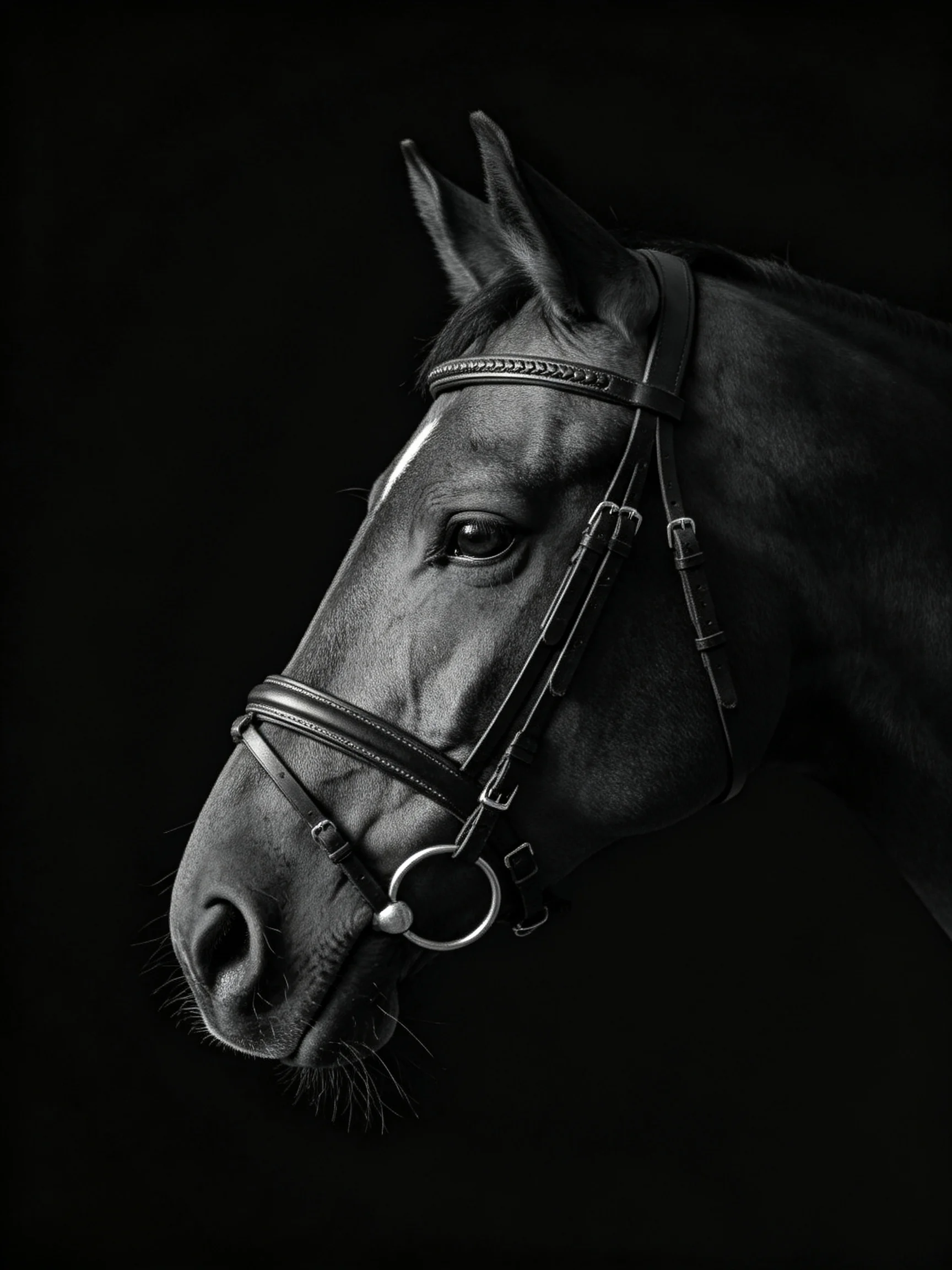 A close - up of a dark brown horse with a bridle against a dark backdrop.