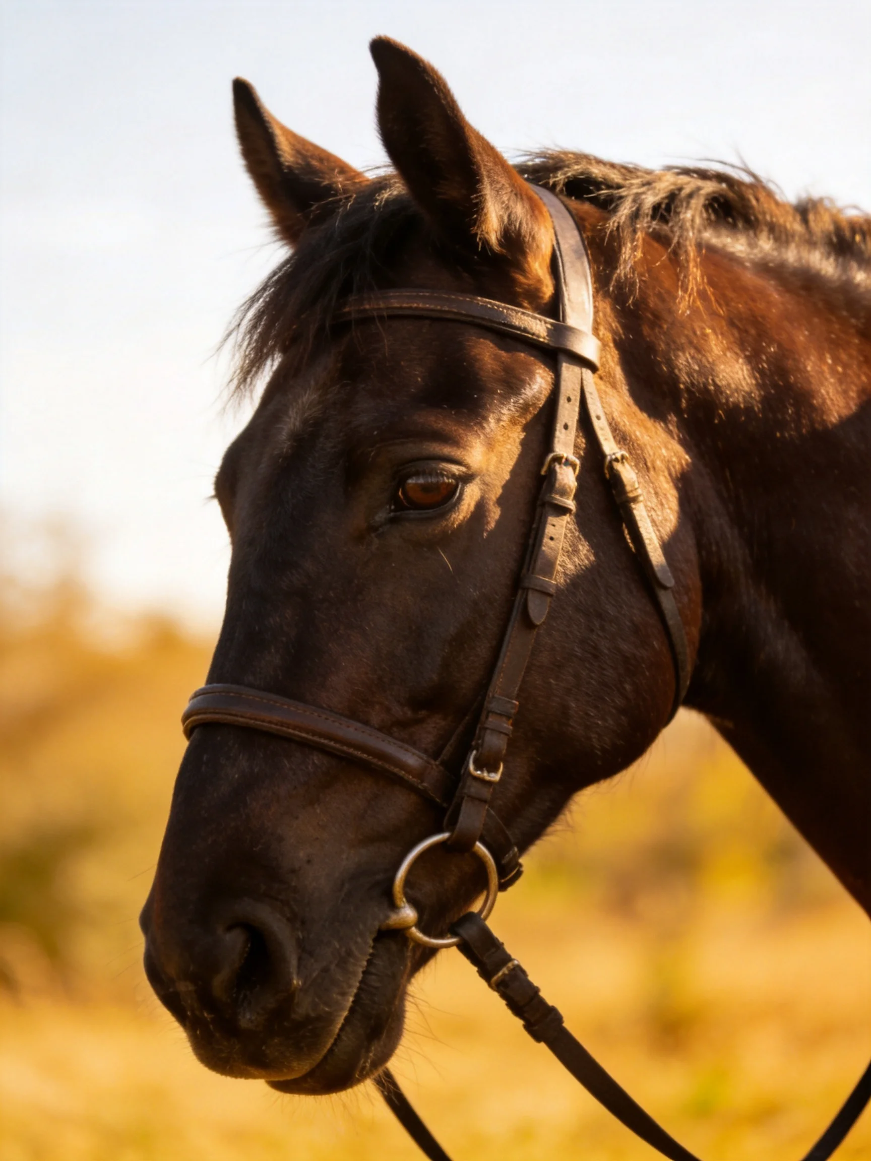 A close - up of a dark brown horse with a leather bridle