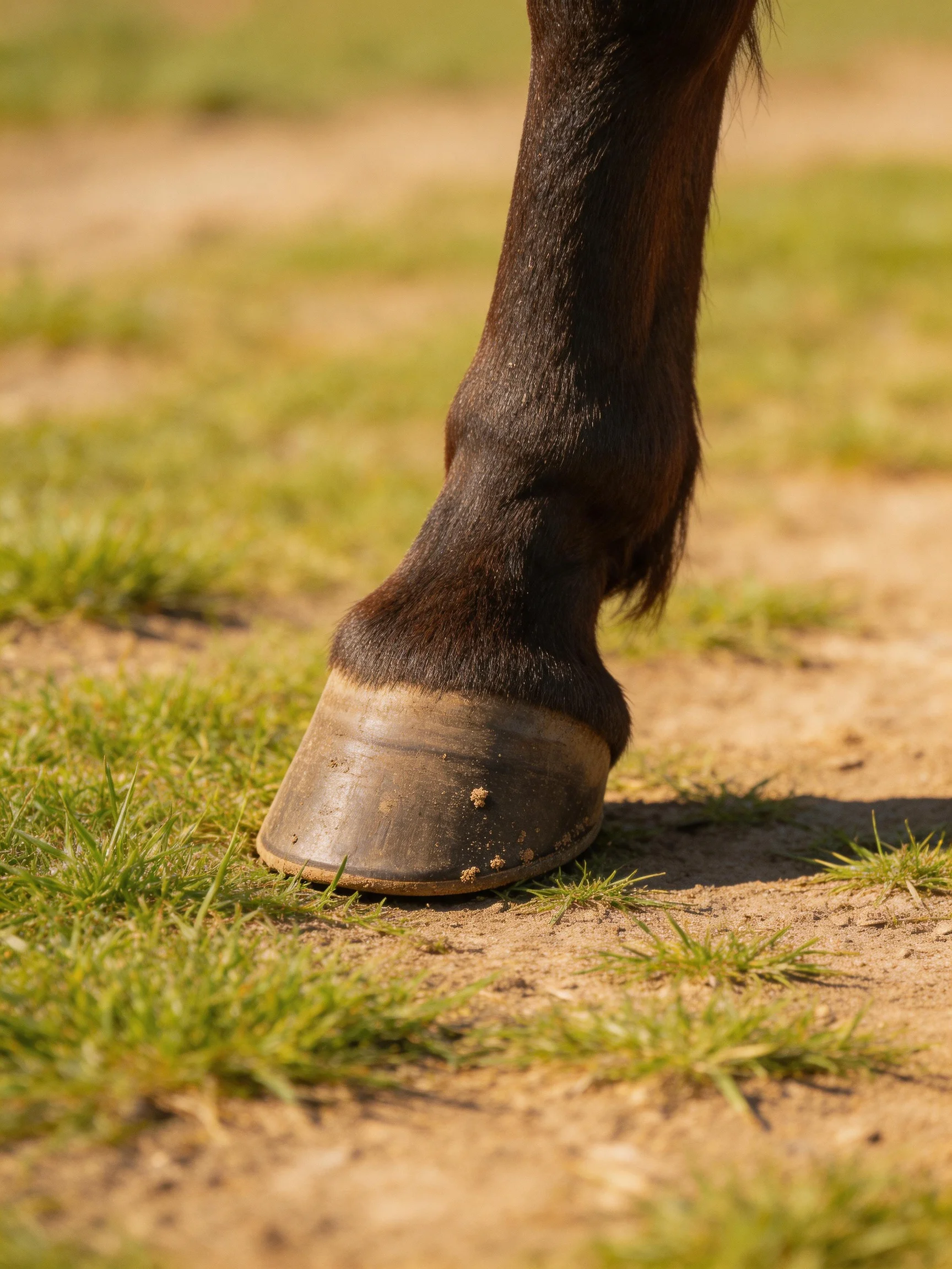 A close - up of a dark brown horse’s hoof on sandy grass
