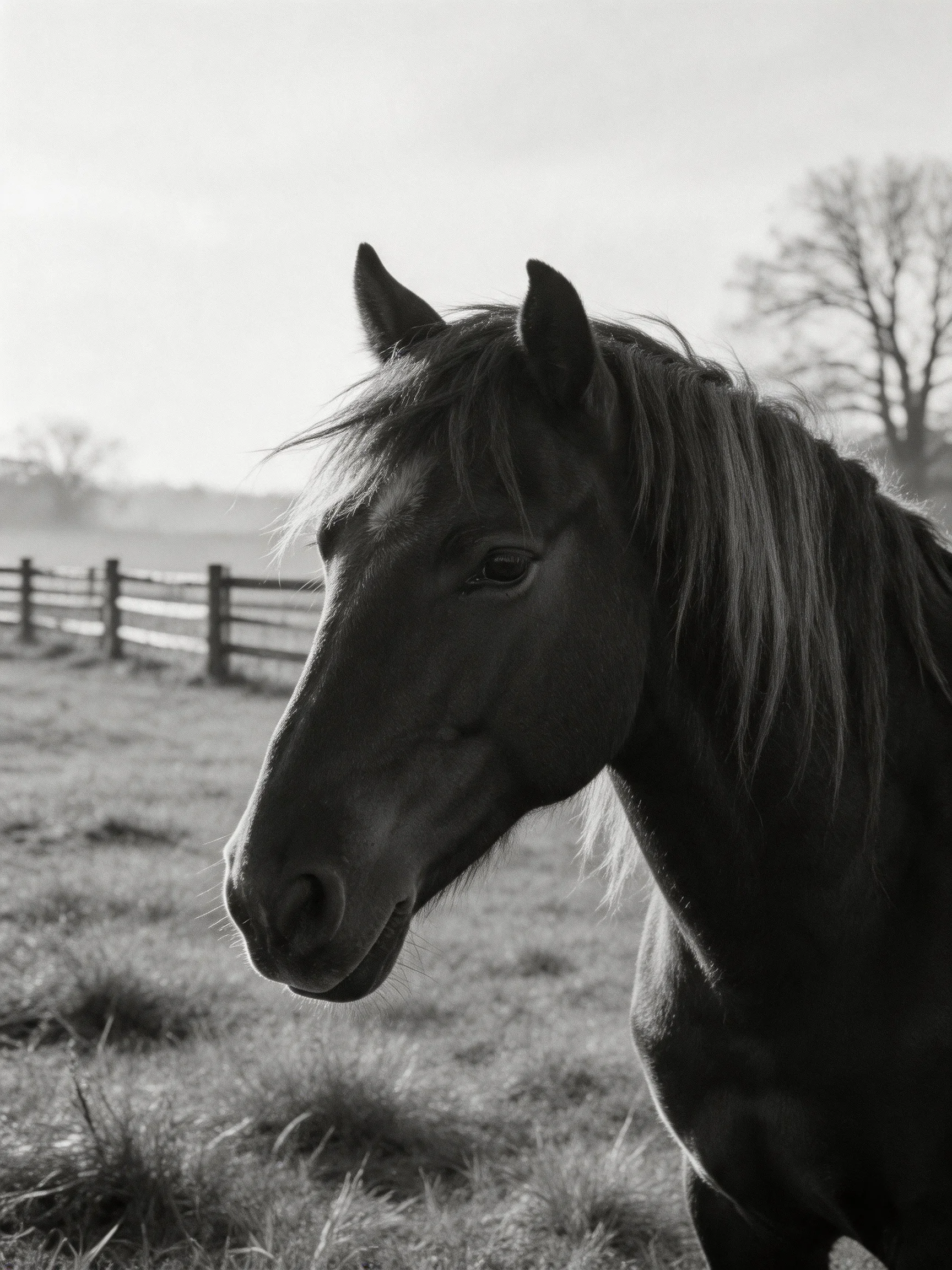 A close - up of a dark horse in a misty rural landscape