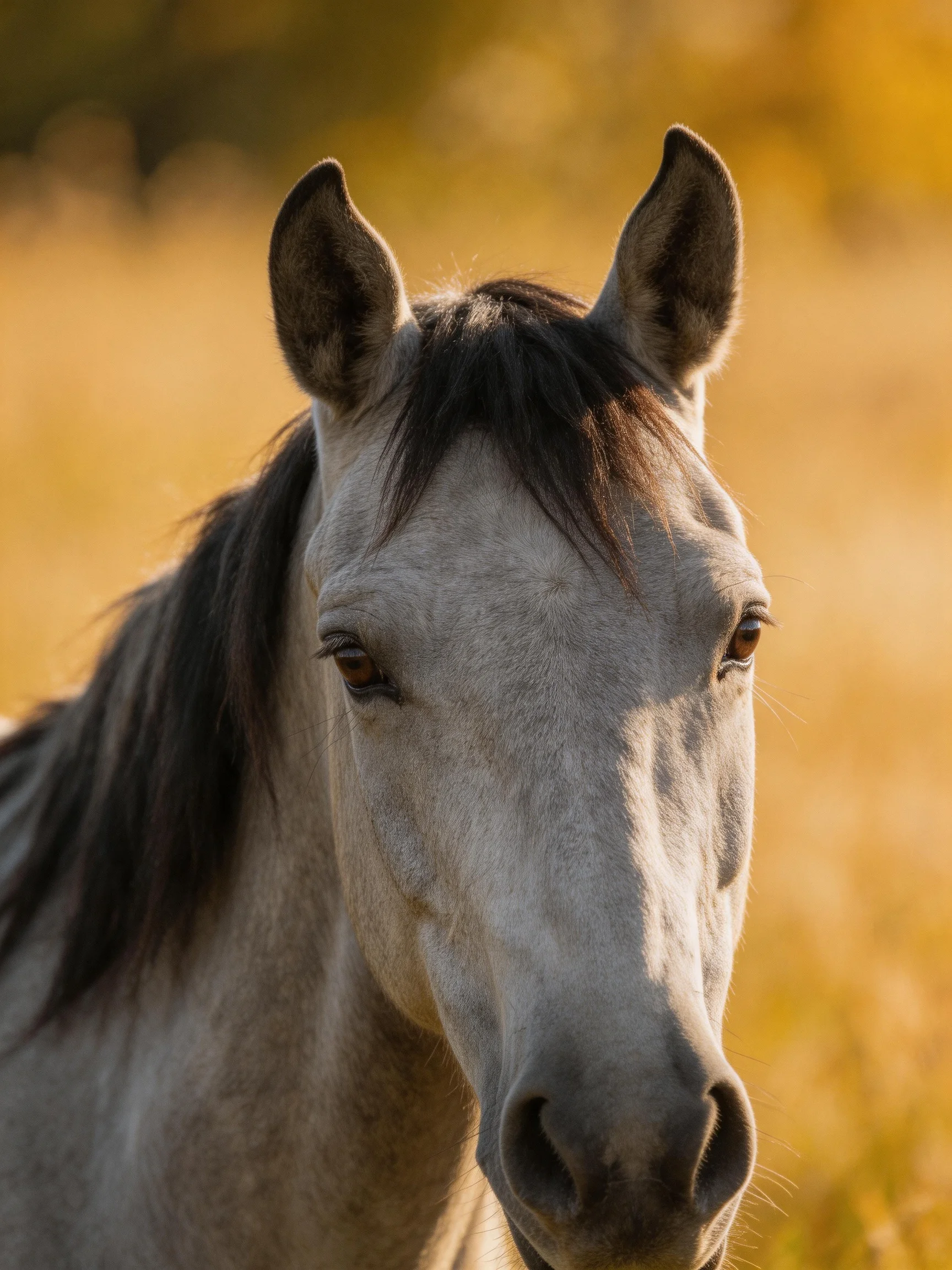 A close - up of a gray horse with a dark mane in a golden field