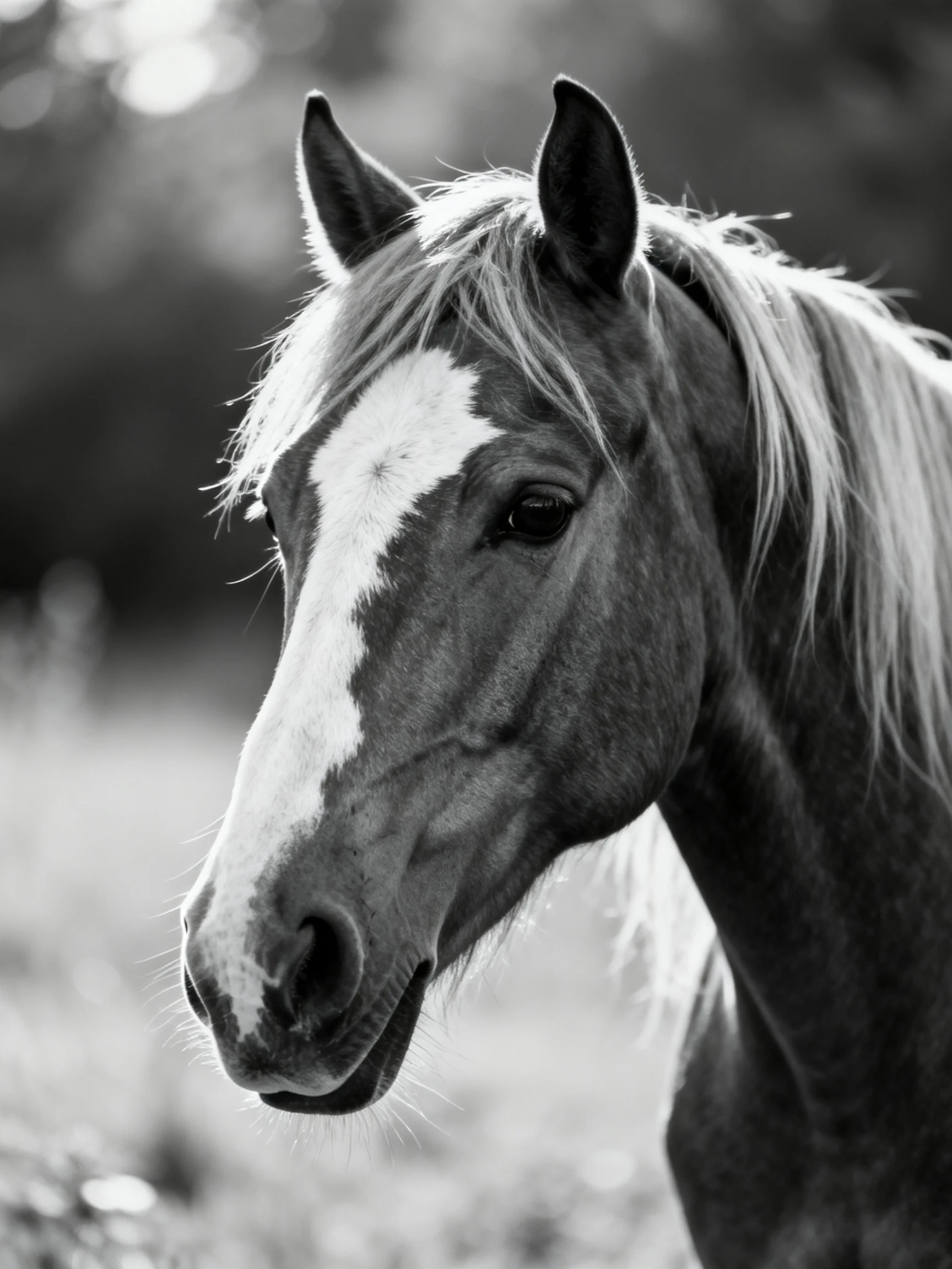 A close - up of a horse with a bold white blaze in monochrome