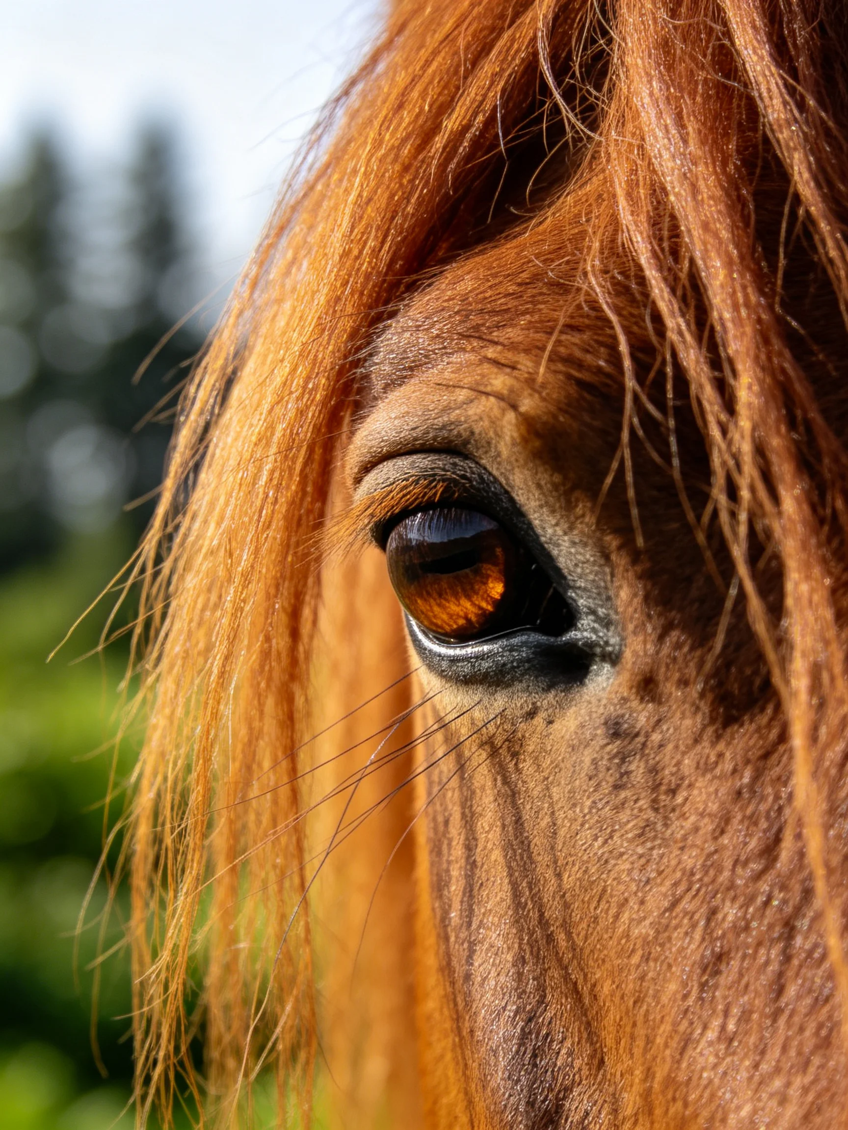 A close - up of a horse’s amber - hued eye with golden mane