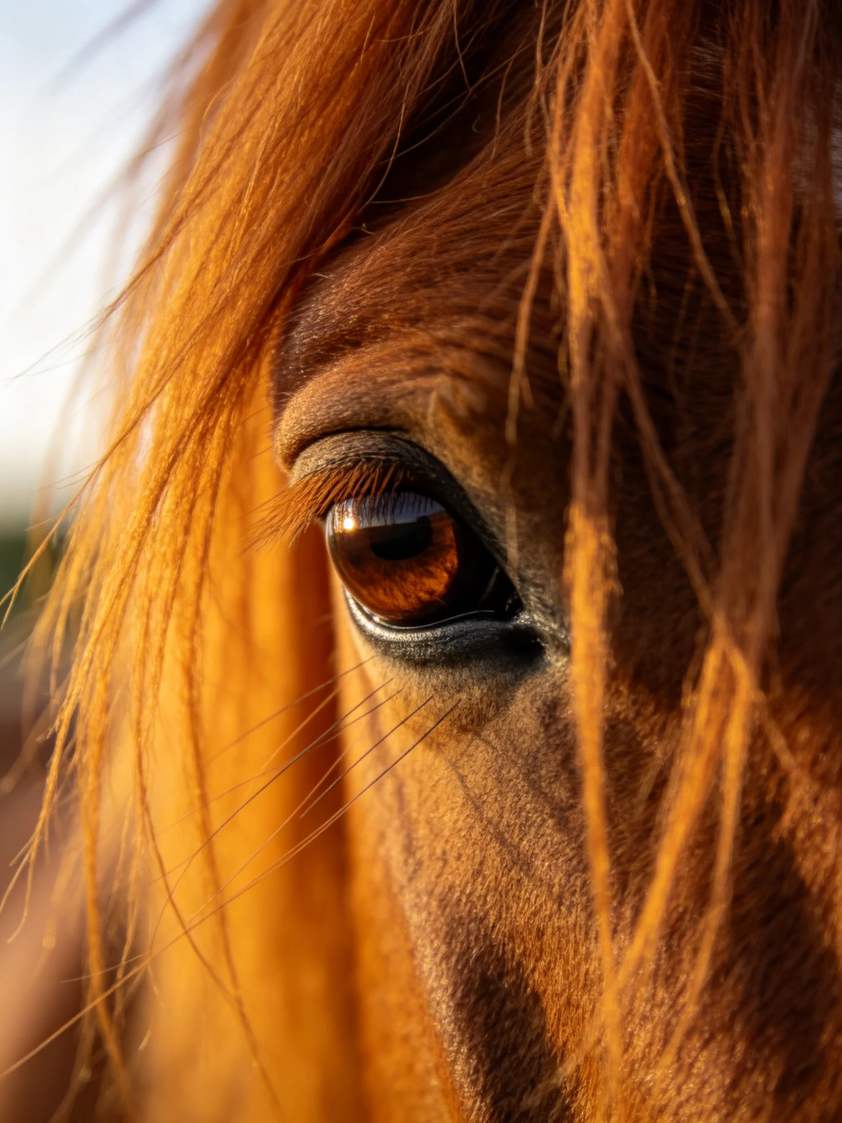 A close - up of a horse’s amber - hued eye with golden mane