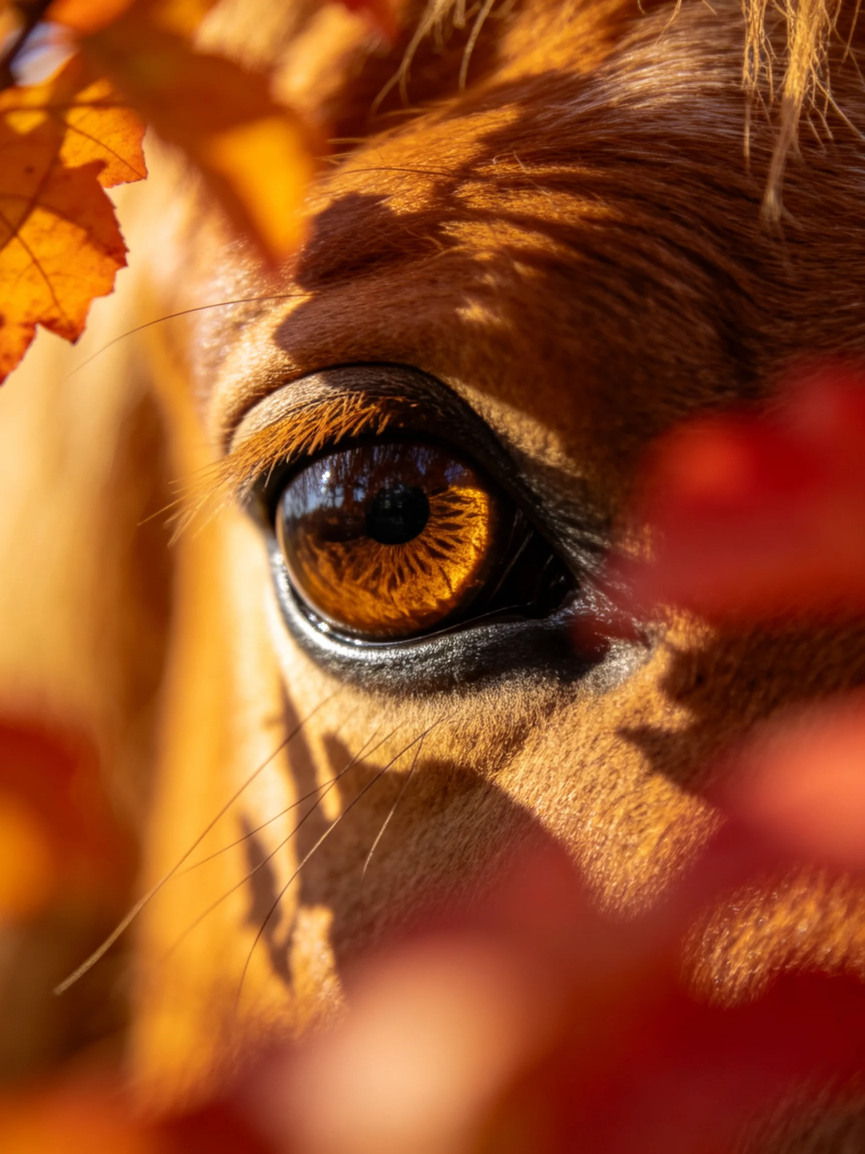 A close - up of a horse’s amber eye surrounded by golden and crimson autumn leaves