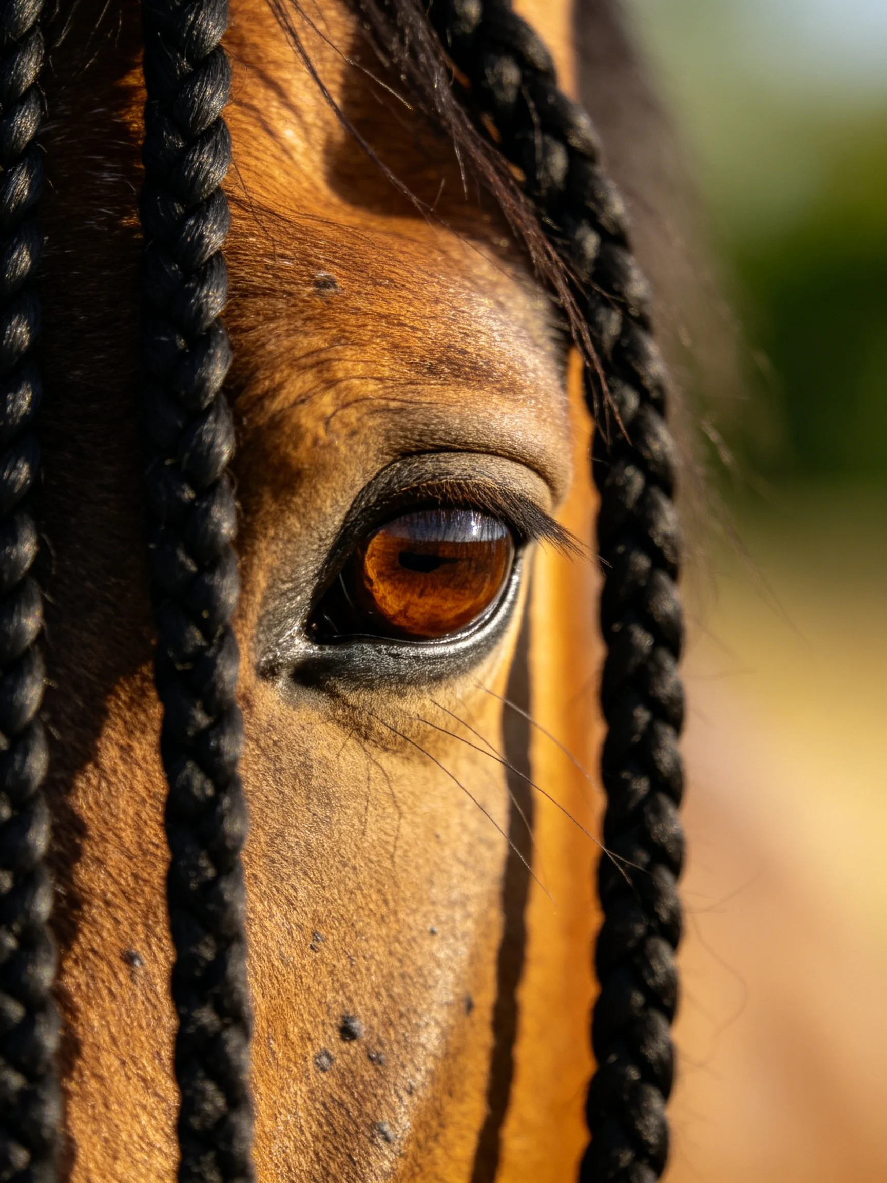 A close - up of a horse’s amber eye with dark braided mane