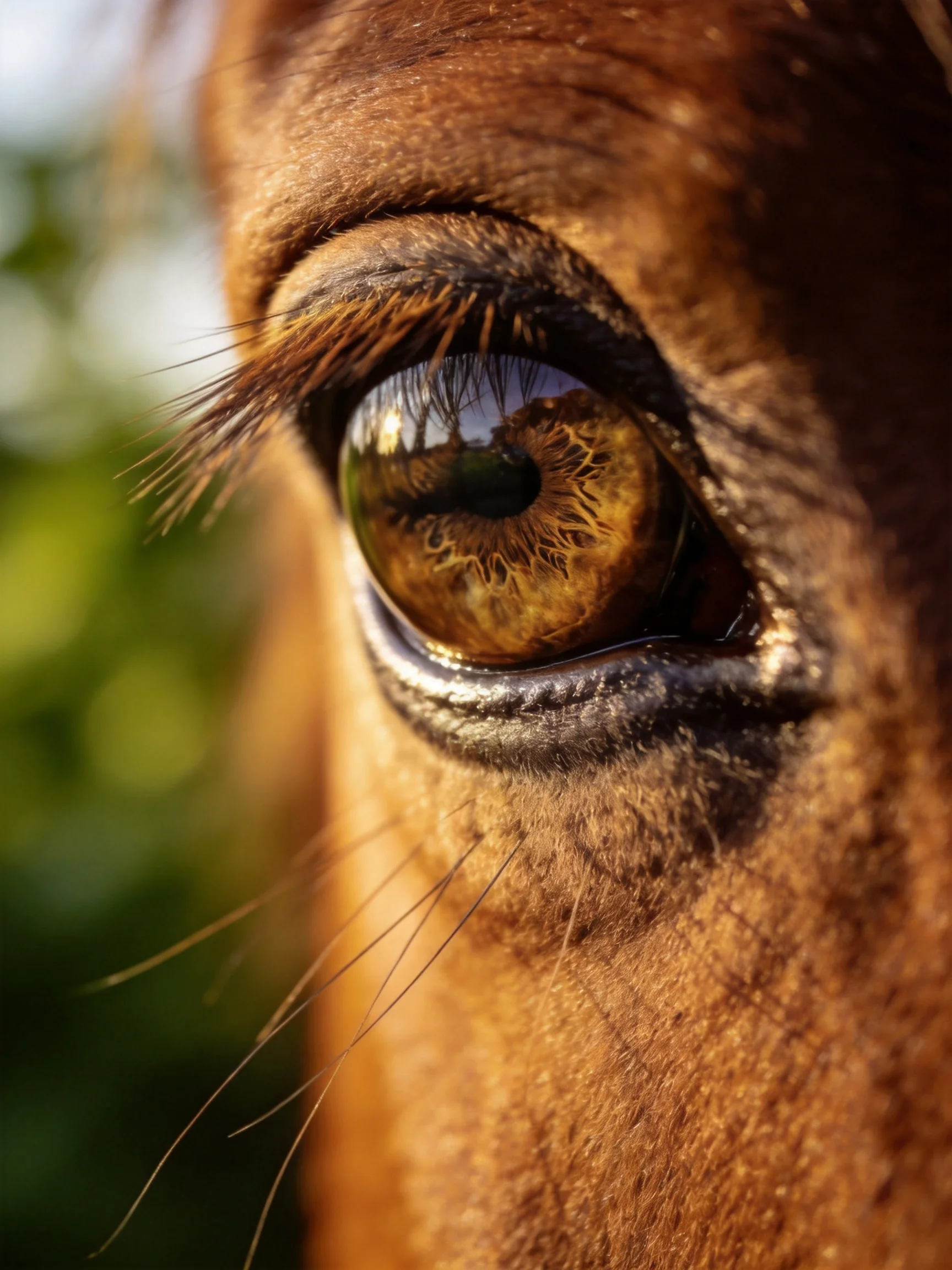 A close - up of a horse’s amber eye with detailed textures