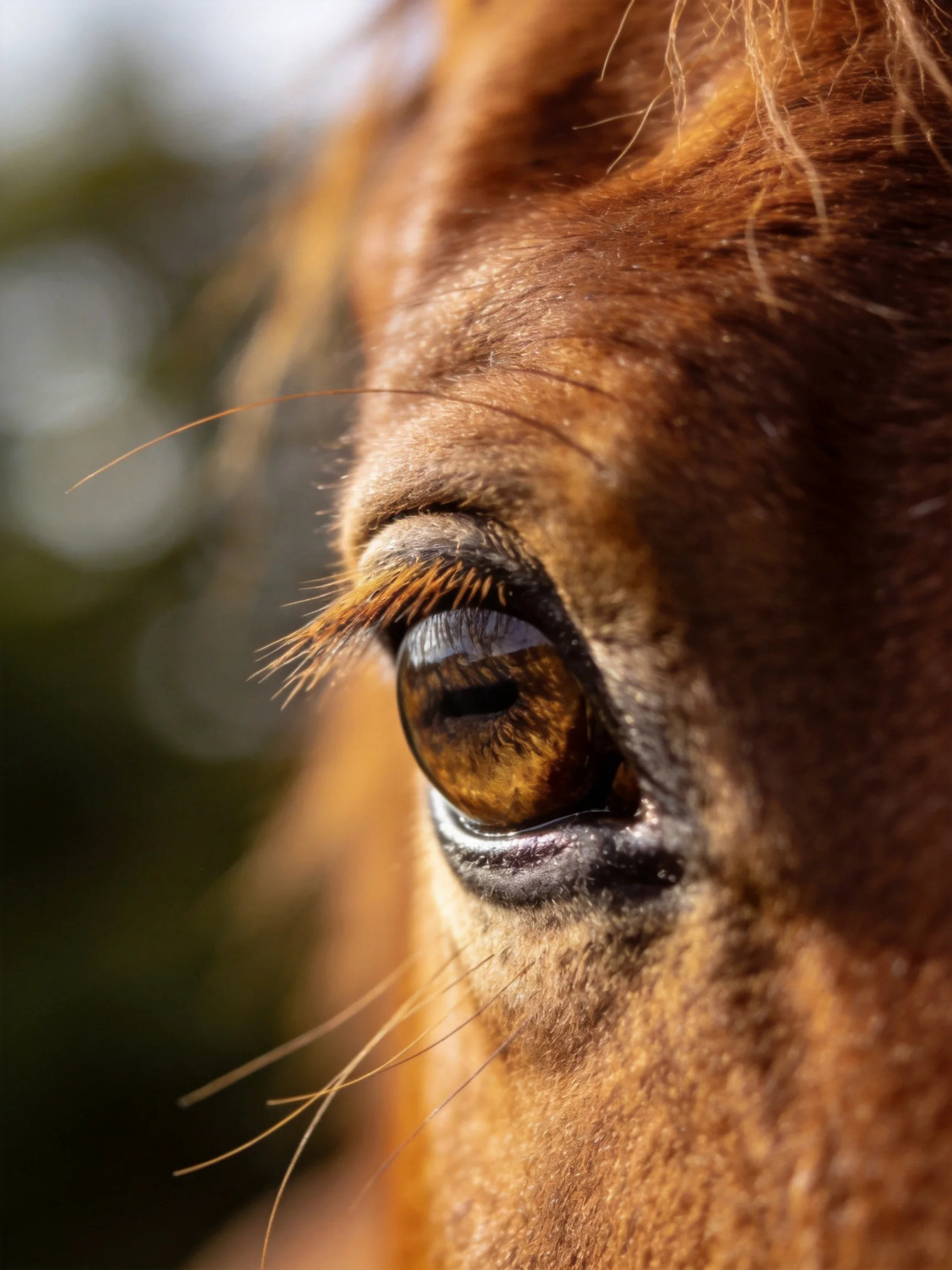 A close - up of a horse’s amber eye with textured brown coat