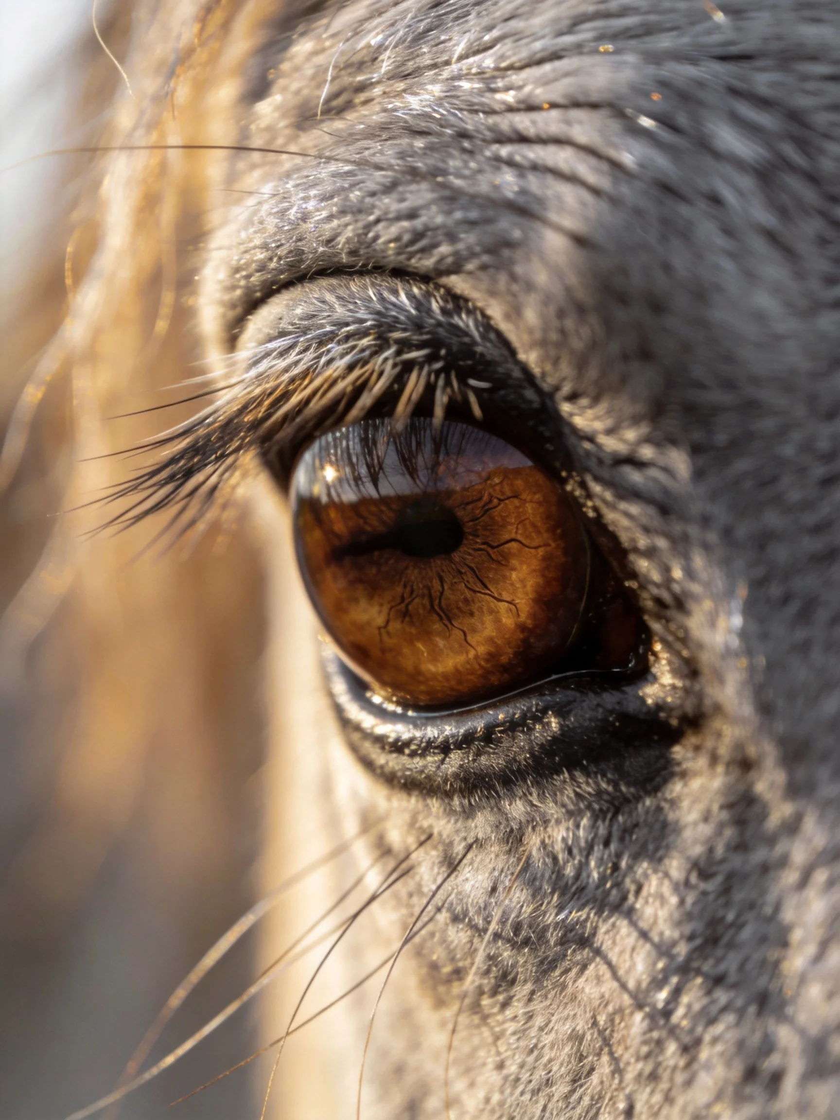 A close - up of a horse’s amber eye with textured skin and long eyelashes