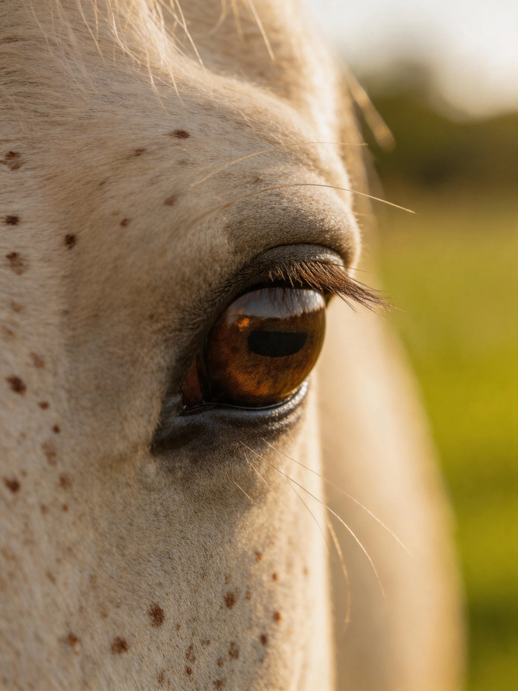 A close - up of a horse’s brown eye and speckled white coat