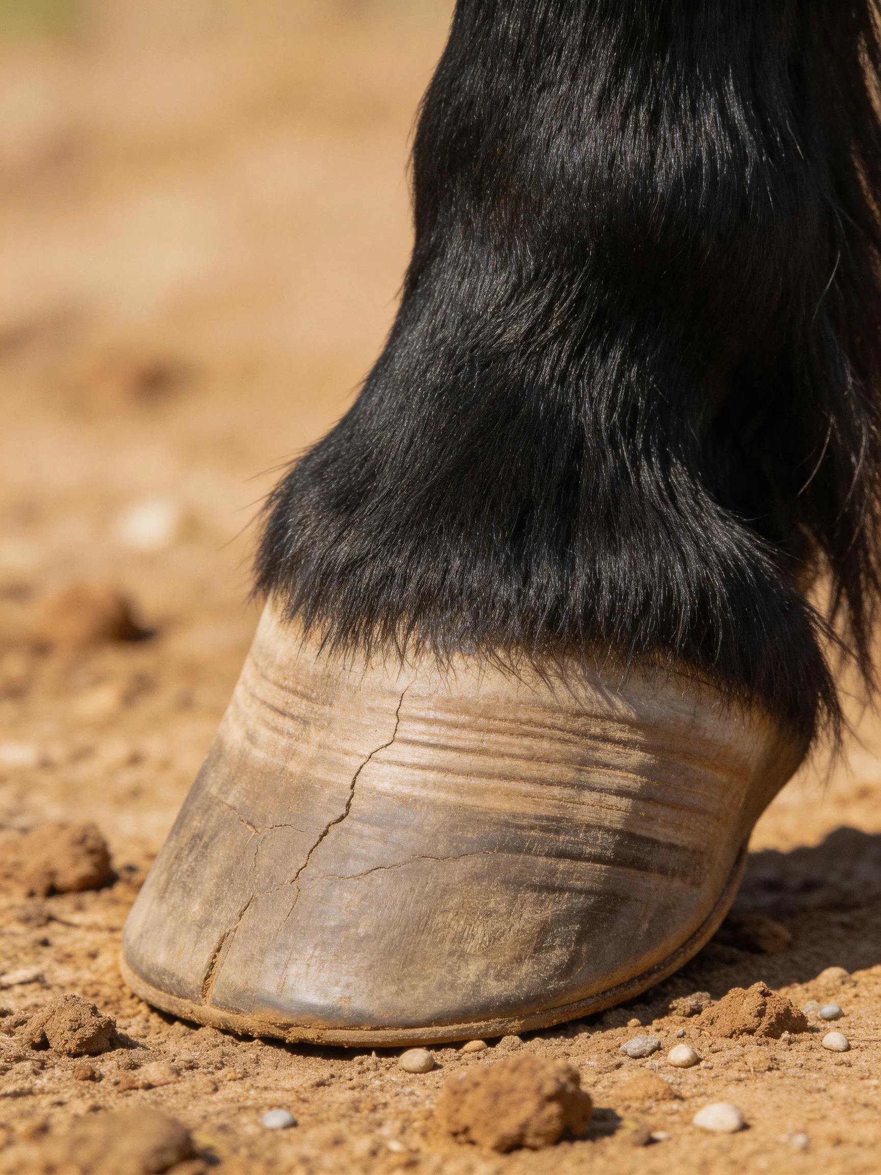 A close - up of a horse’s cracked hoof with dark fur on sandy terrain
