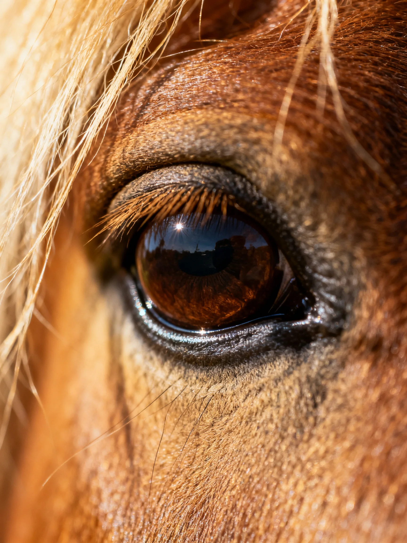 A close - up of a horse’s deep brown eye with golden mane strands