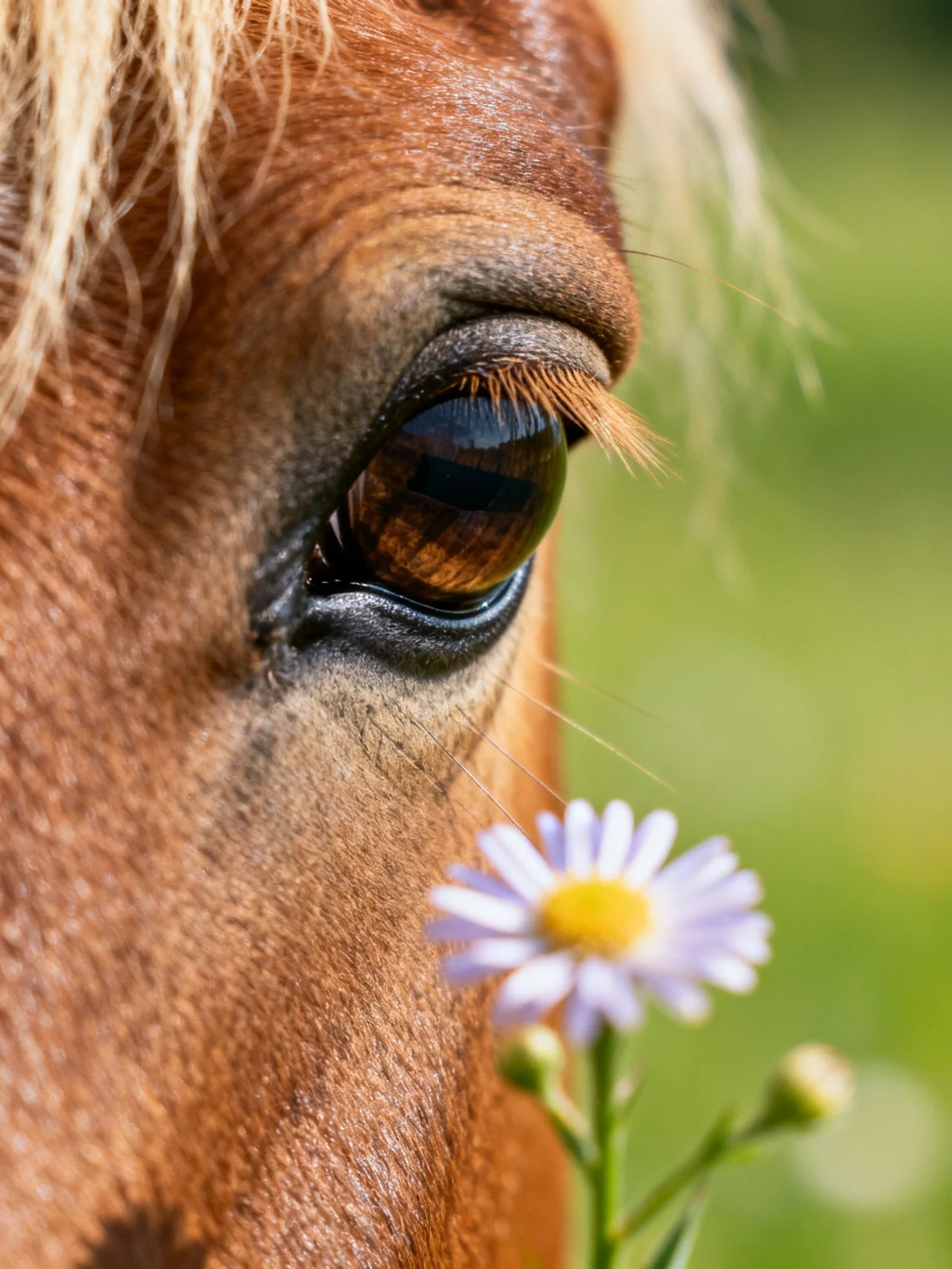 A close - up of a horse’s eye with a daisy flower nearby