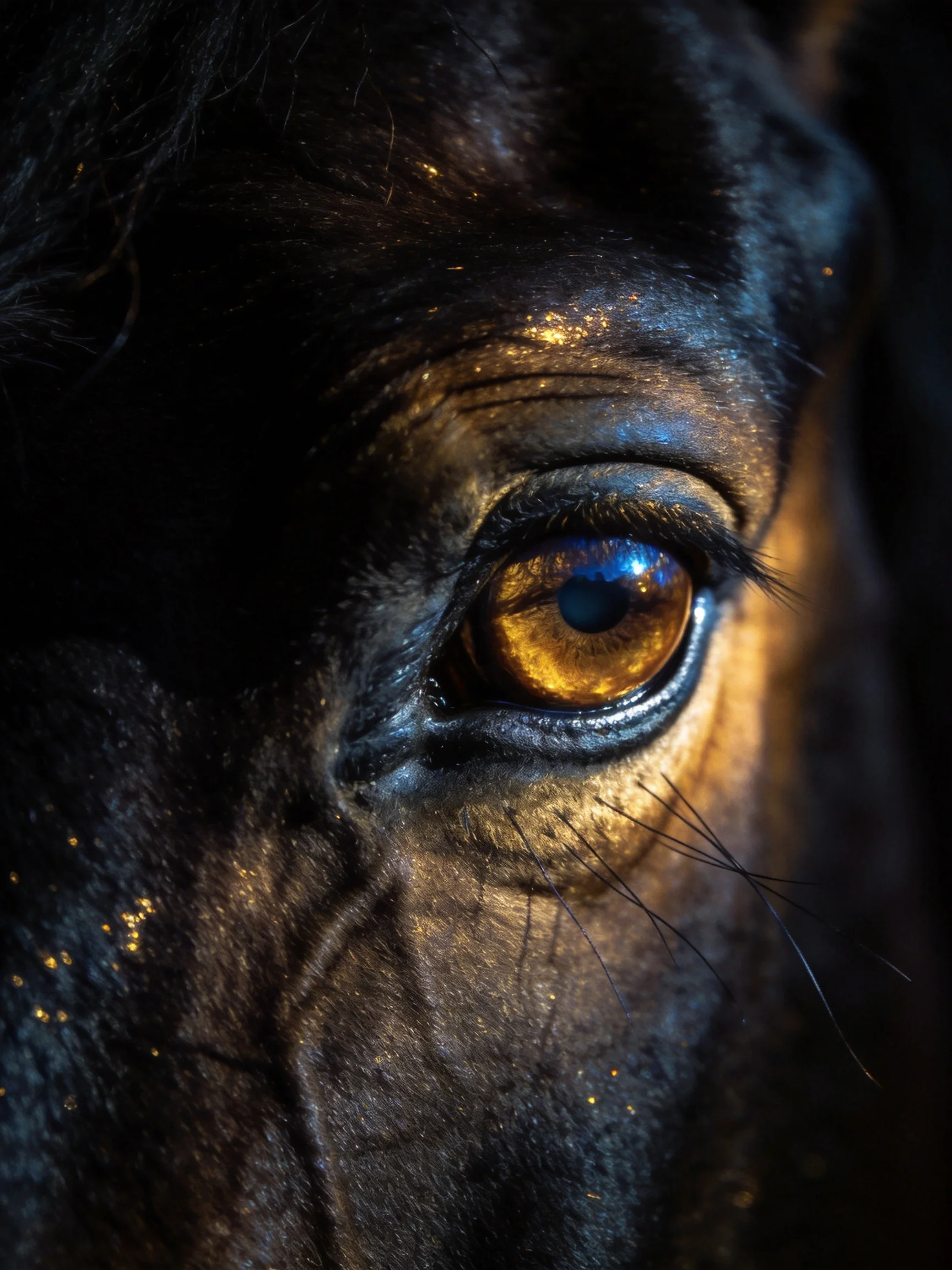 A close - up shows a horse’s eye with dramatic lighting and dark fur.