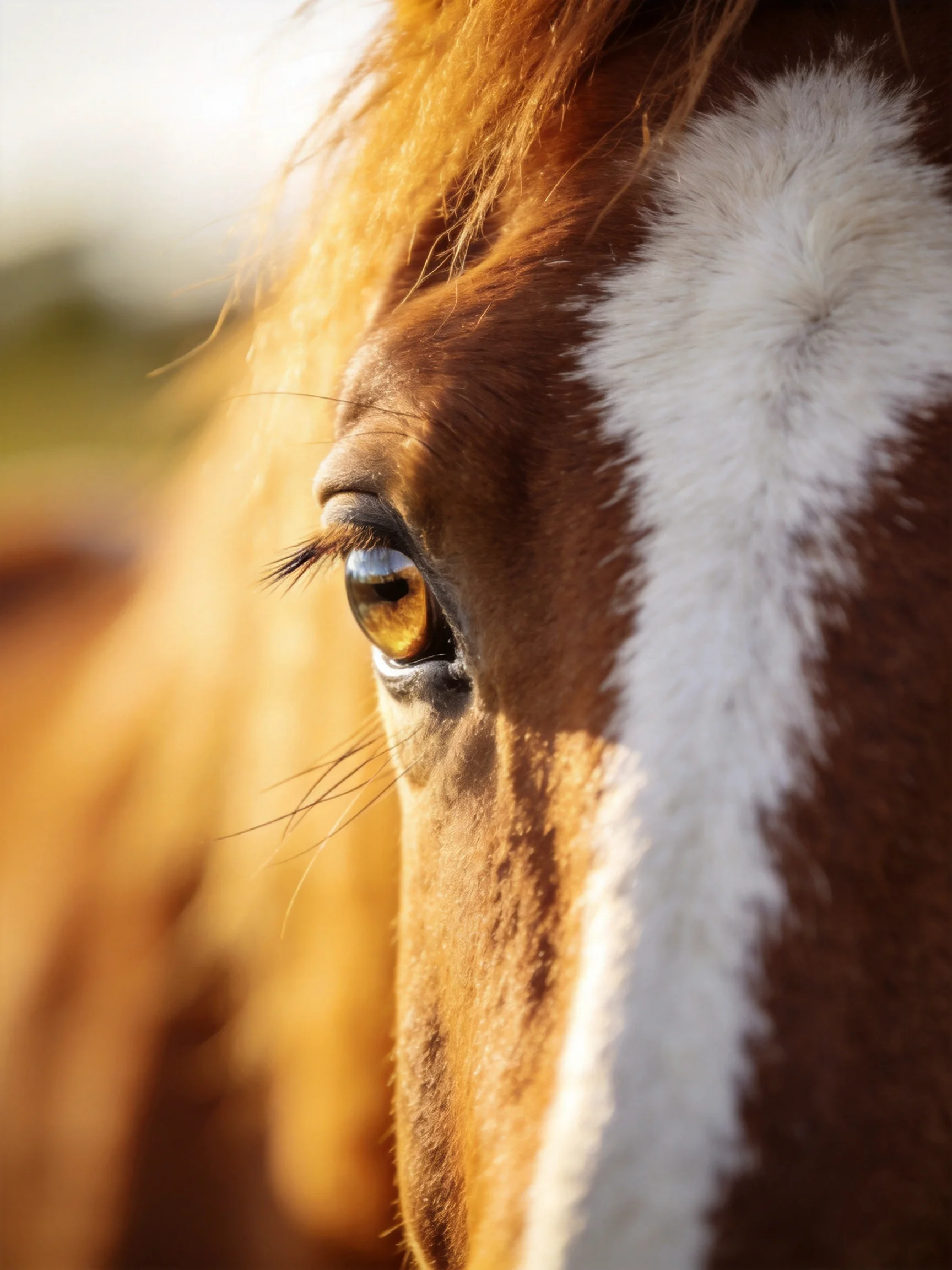 A close - up of a horse’s face with brown and white fur patches