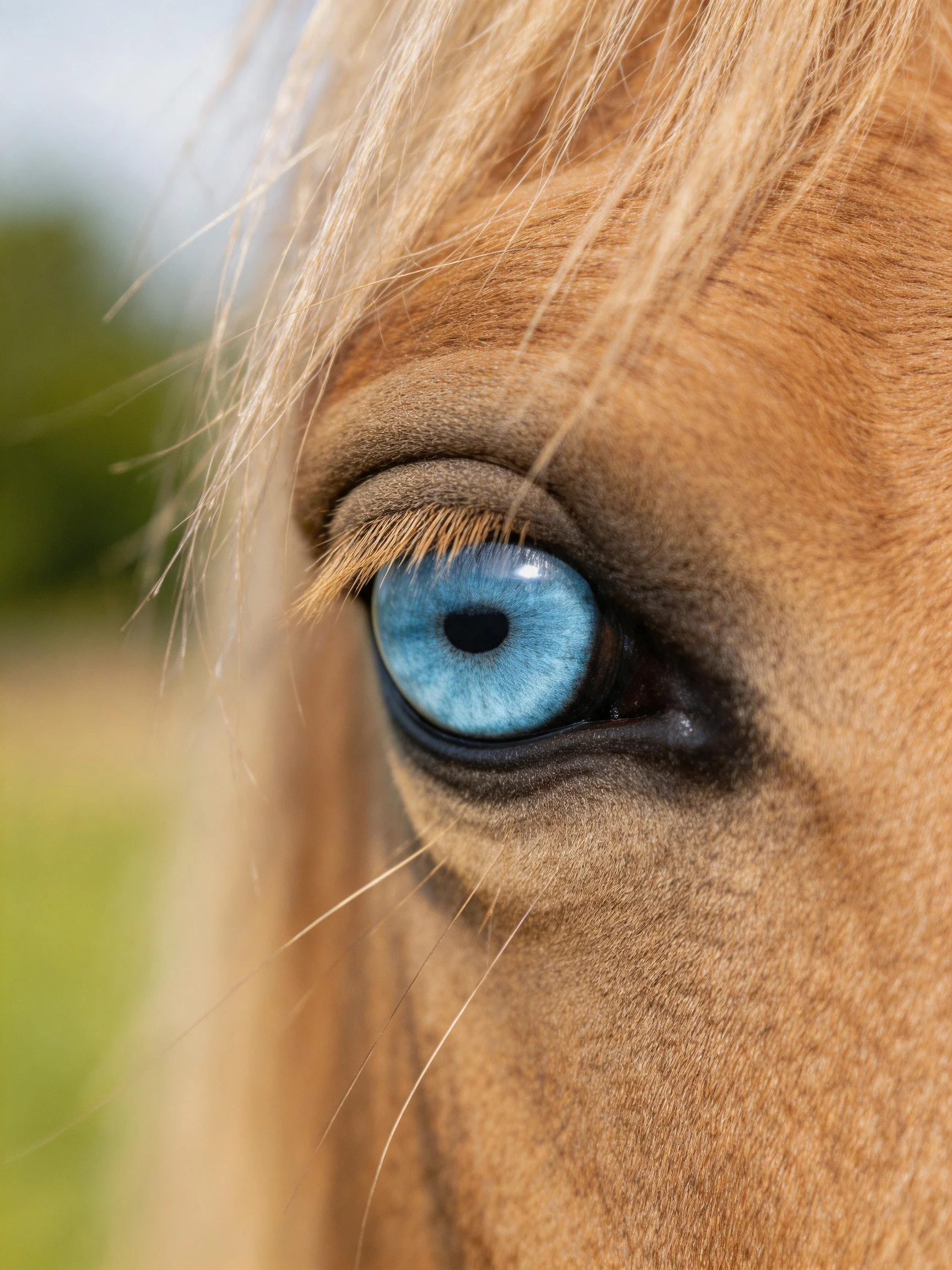 A close - up highlights a horse’s vivid blue eye amid its light brown facial features.