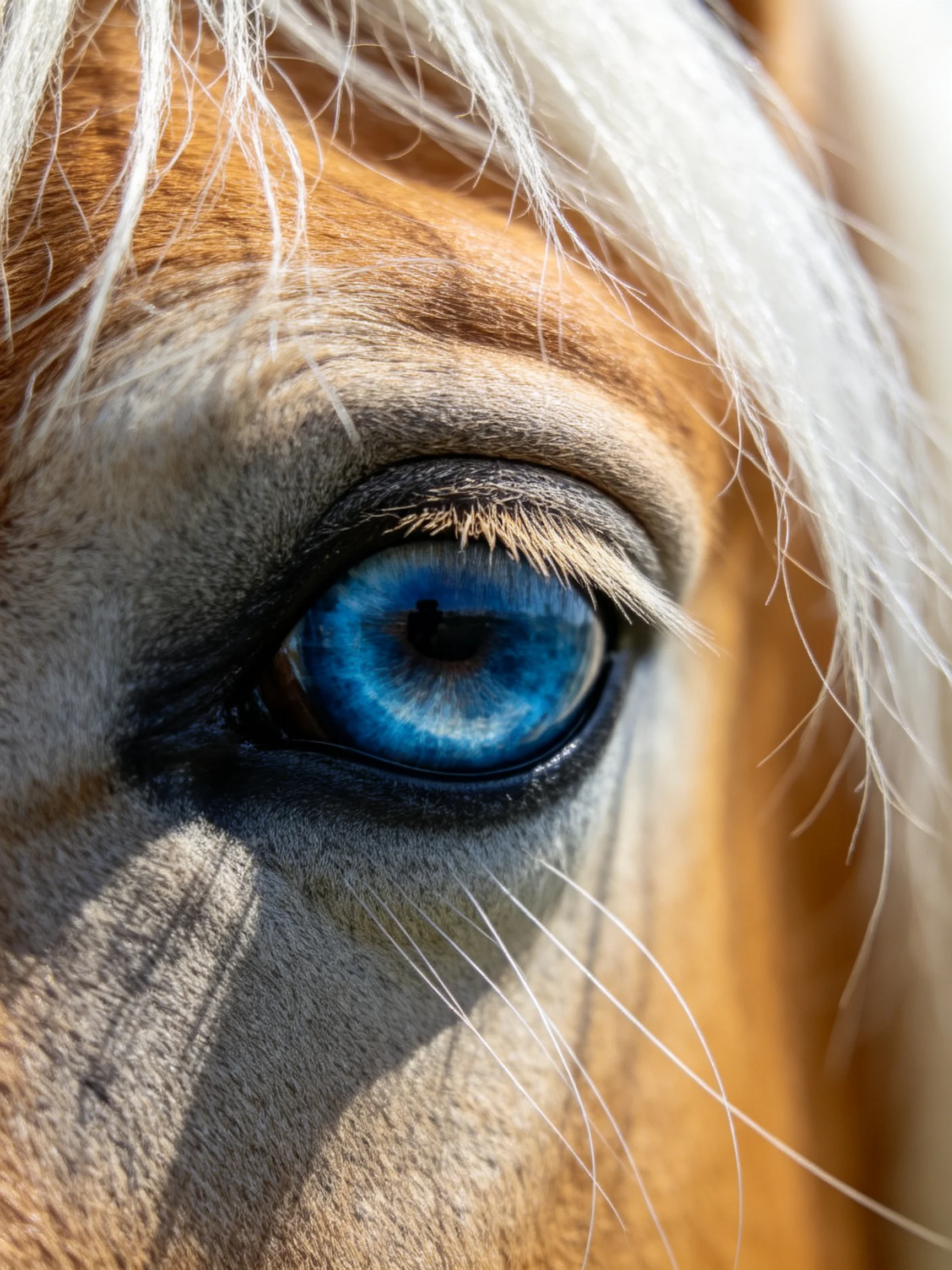 A close - up of a horse’s vivid blue eye with white and brown fur