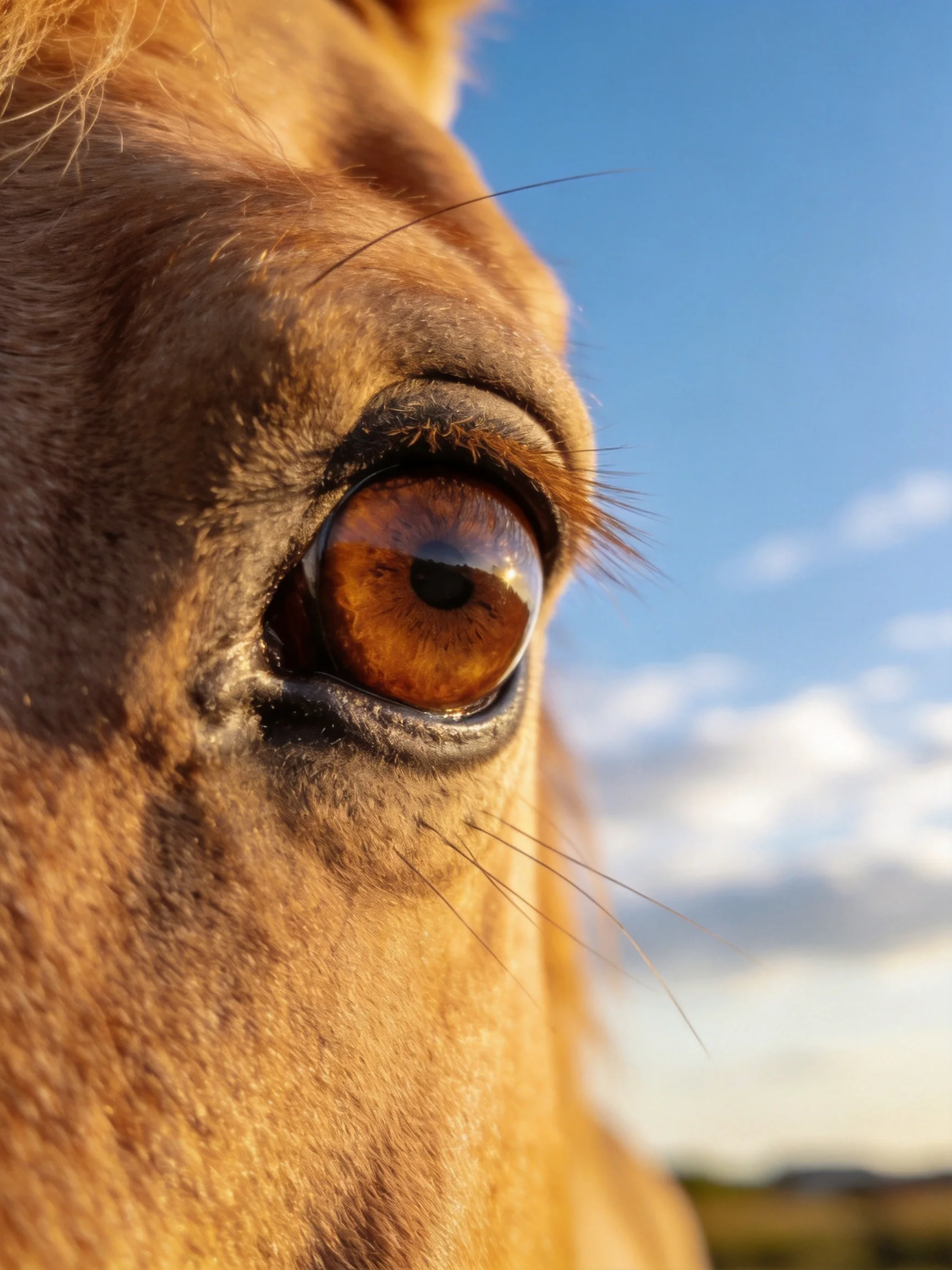 A close - up of a horses amber eye with golden fur and blue sky backdrop