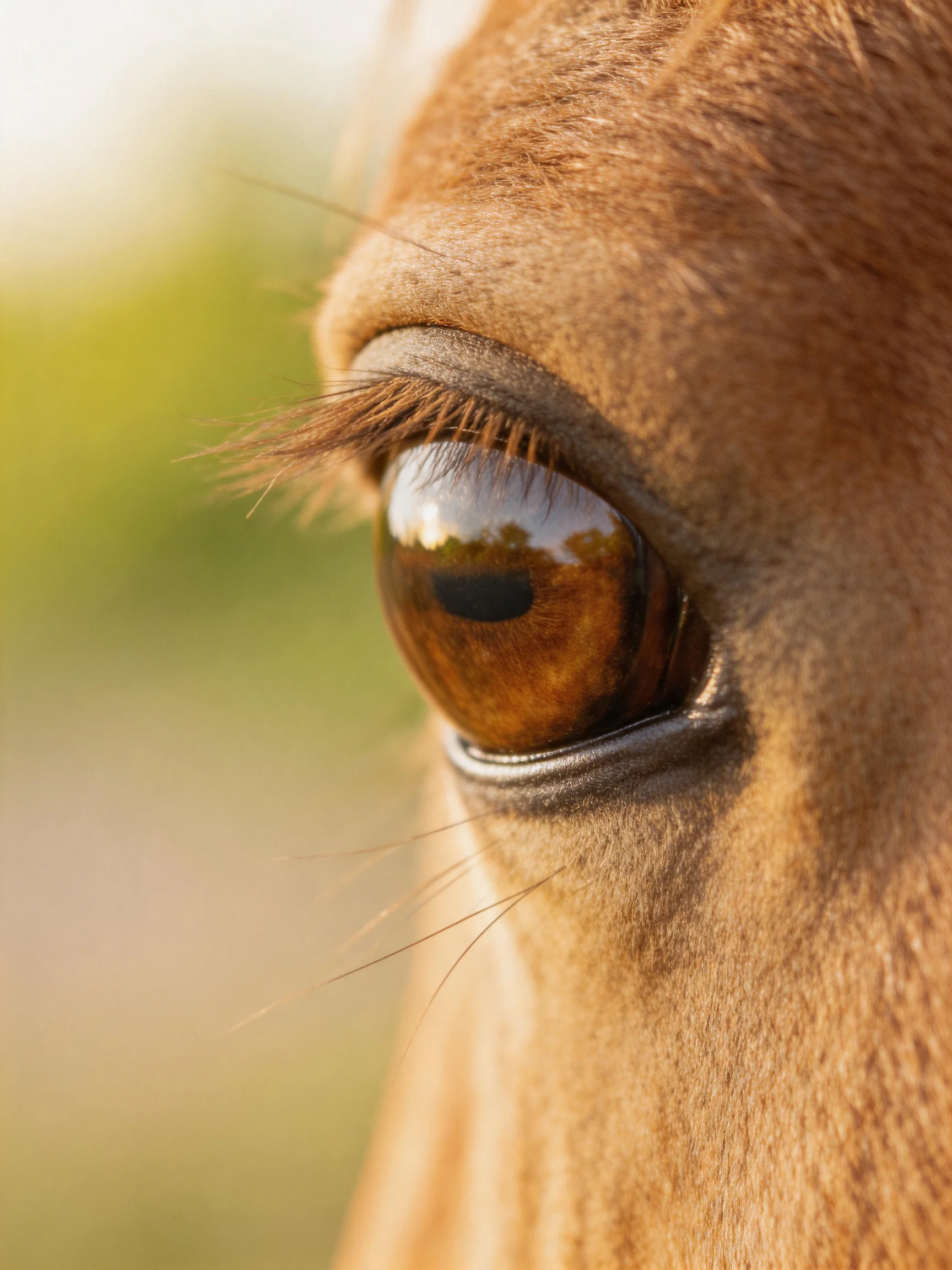 A close - up of a horses amber eye with soft brown fur