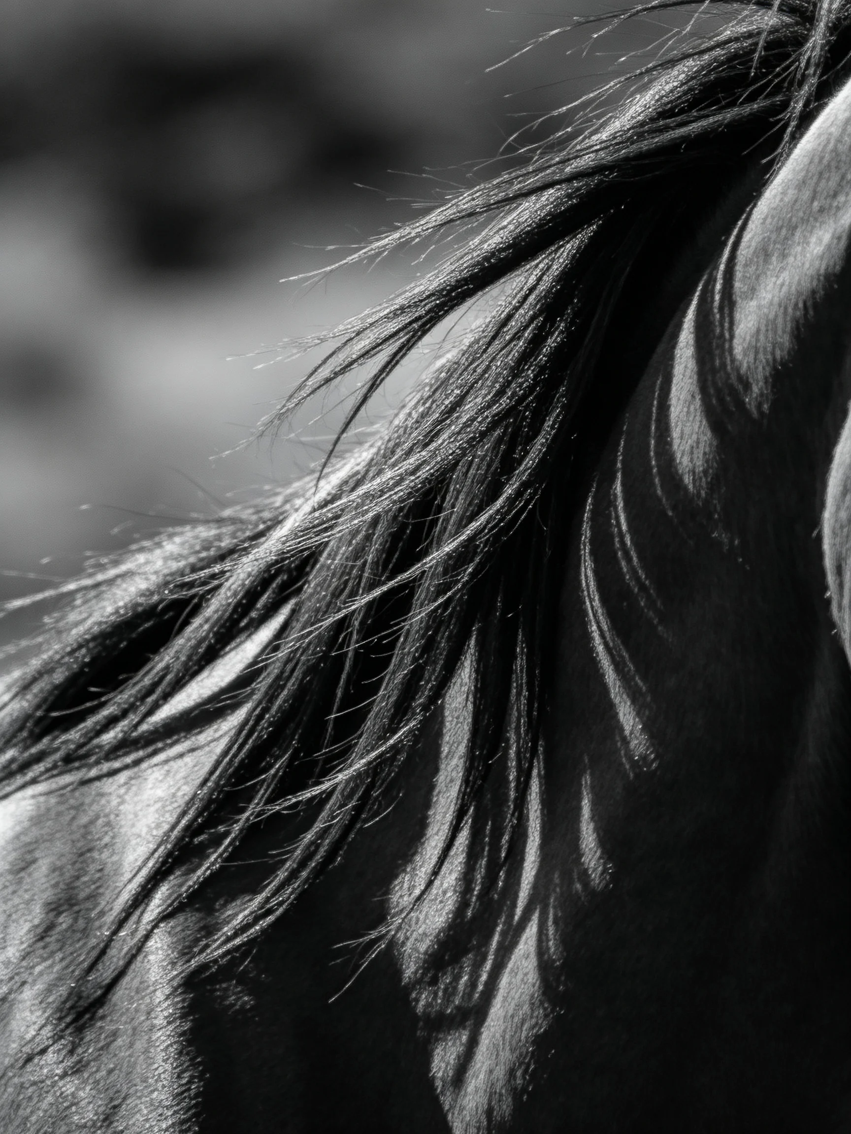 A close - up of a horses glossy black mane and muscular neck