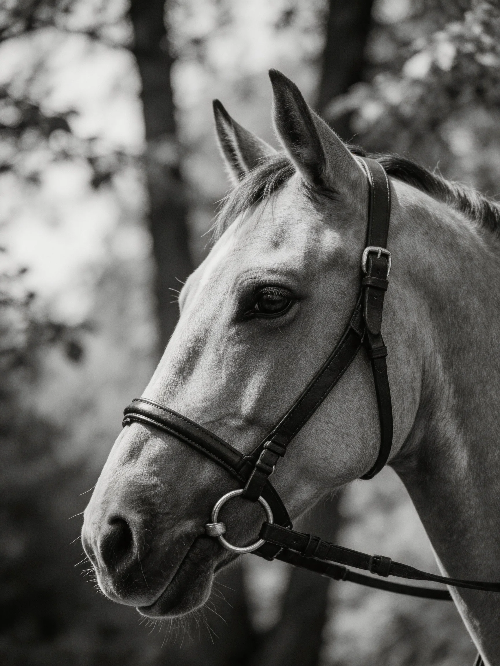 A close - up of a light - hued horse with a bridle in a forested backdrop