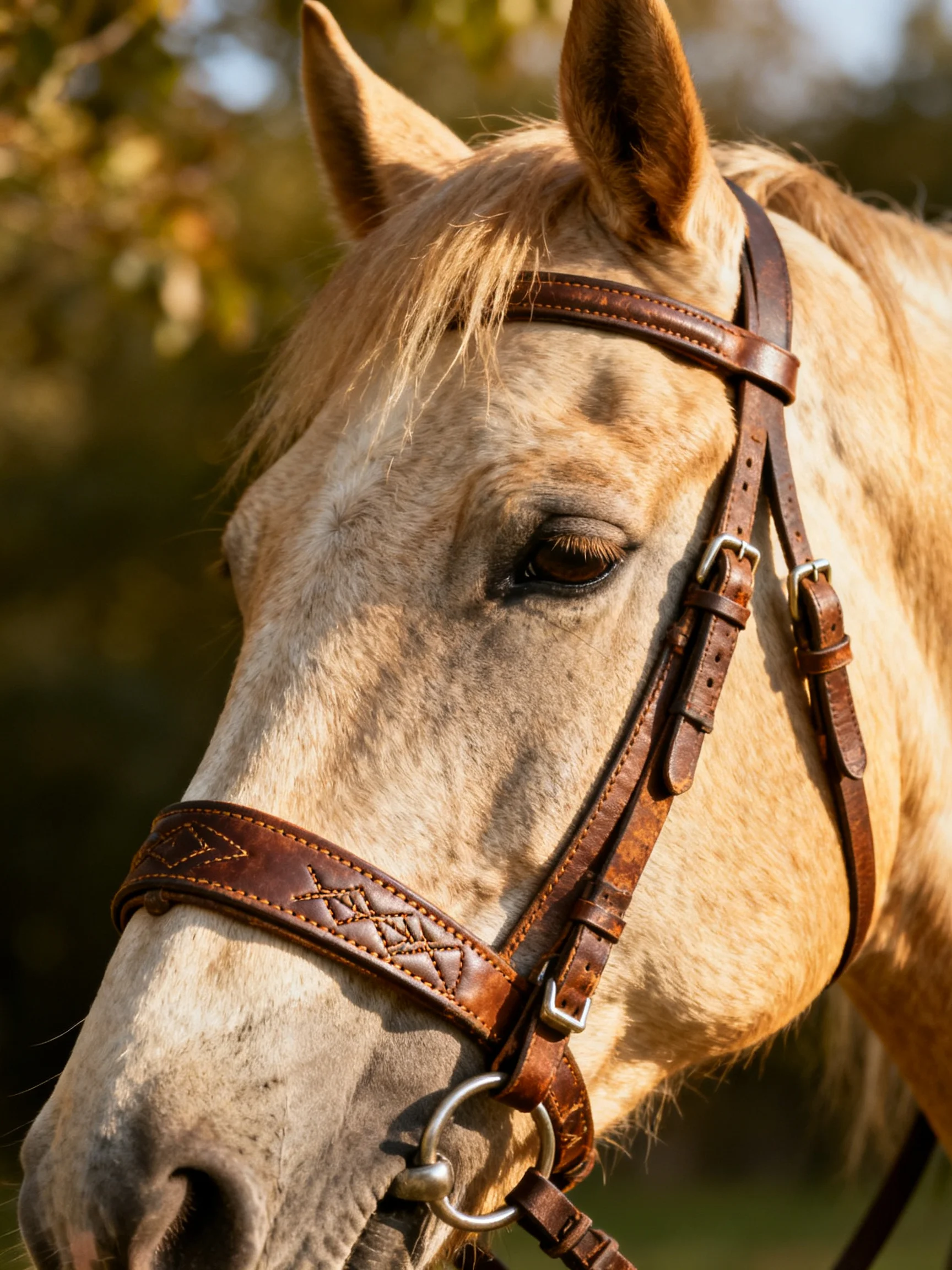 A close - up of a light tan horse with a brown leather bridle