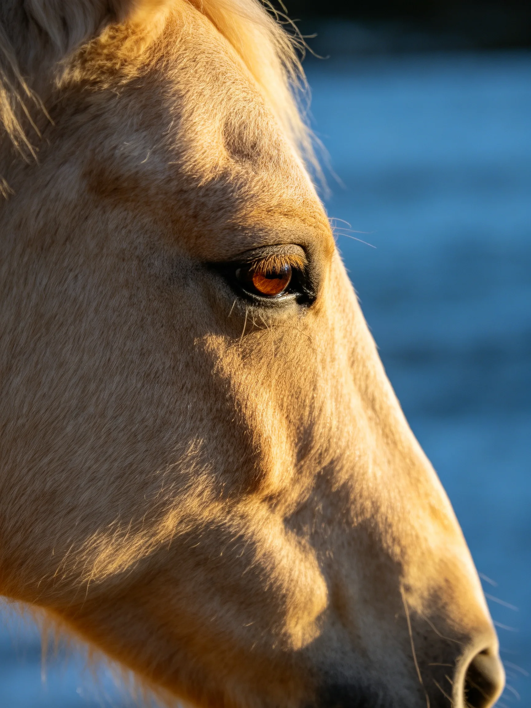 A close - up of a light tan horse with an amber eye near water