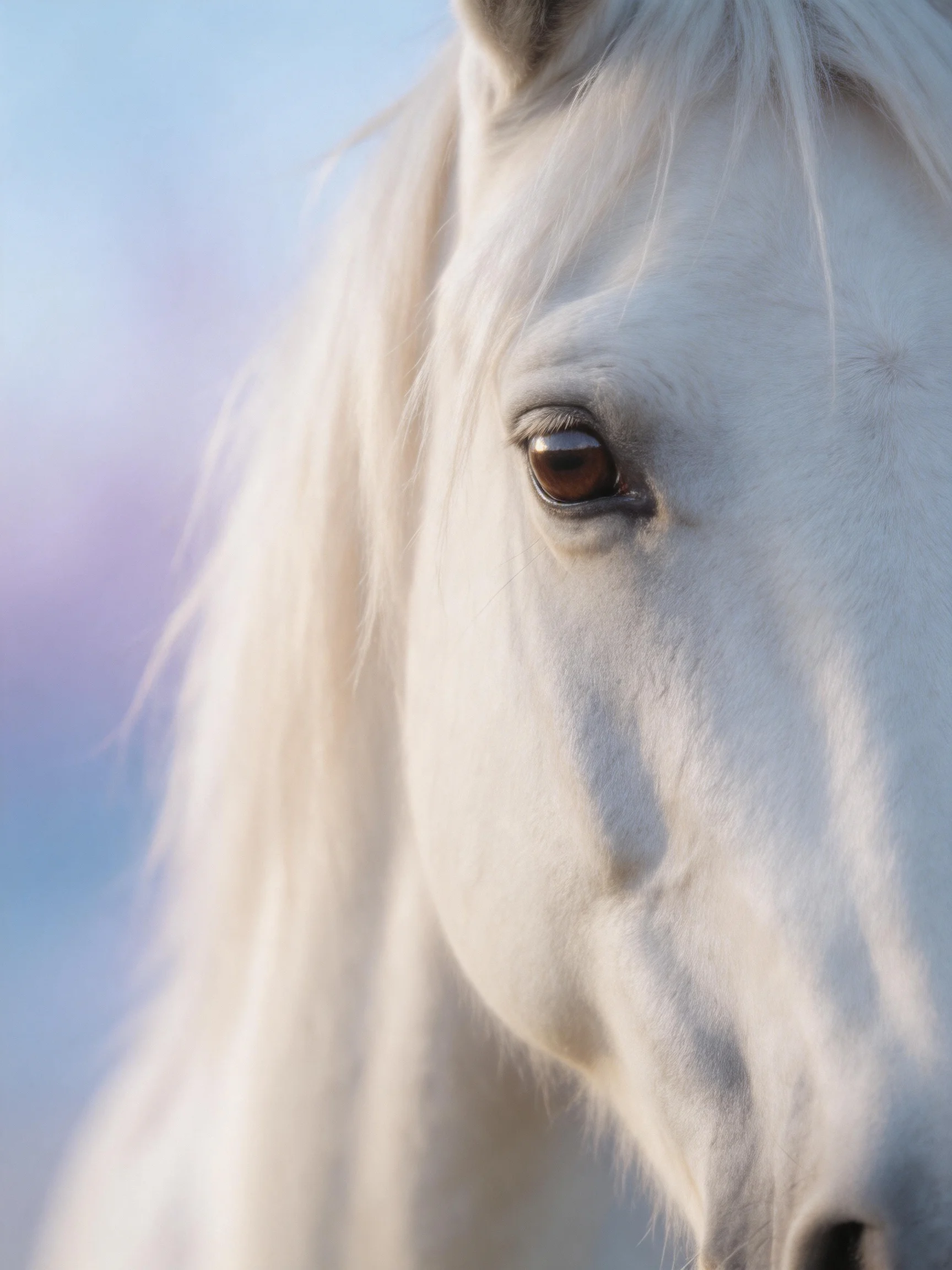 A close - up of a majestic white horse with soft natural lighting
