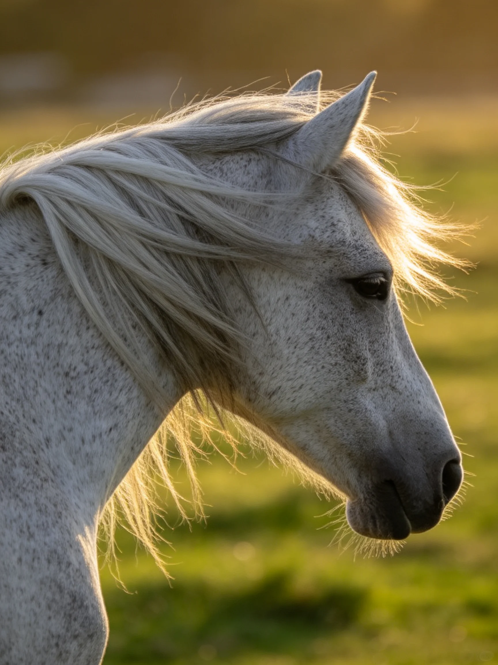 A close - up of a speckled white horse with flowing silver mane