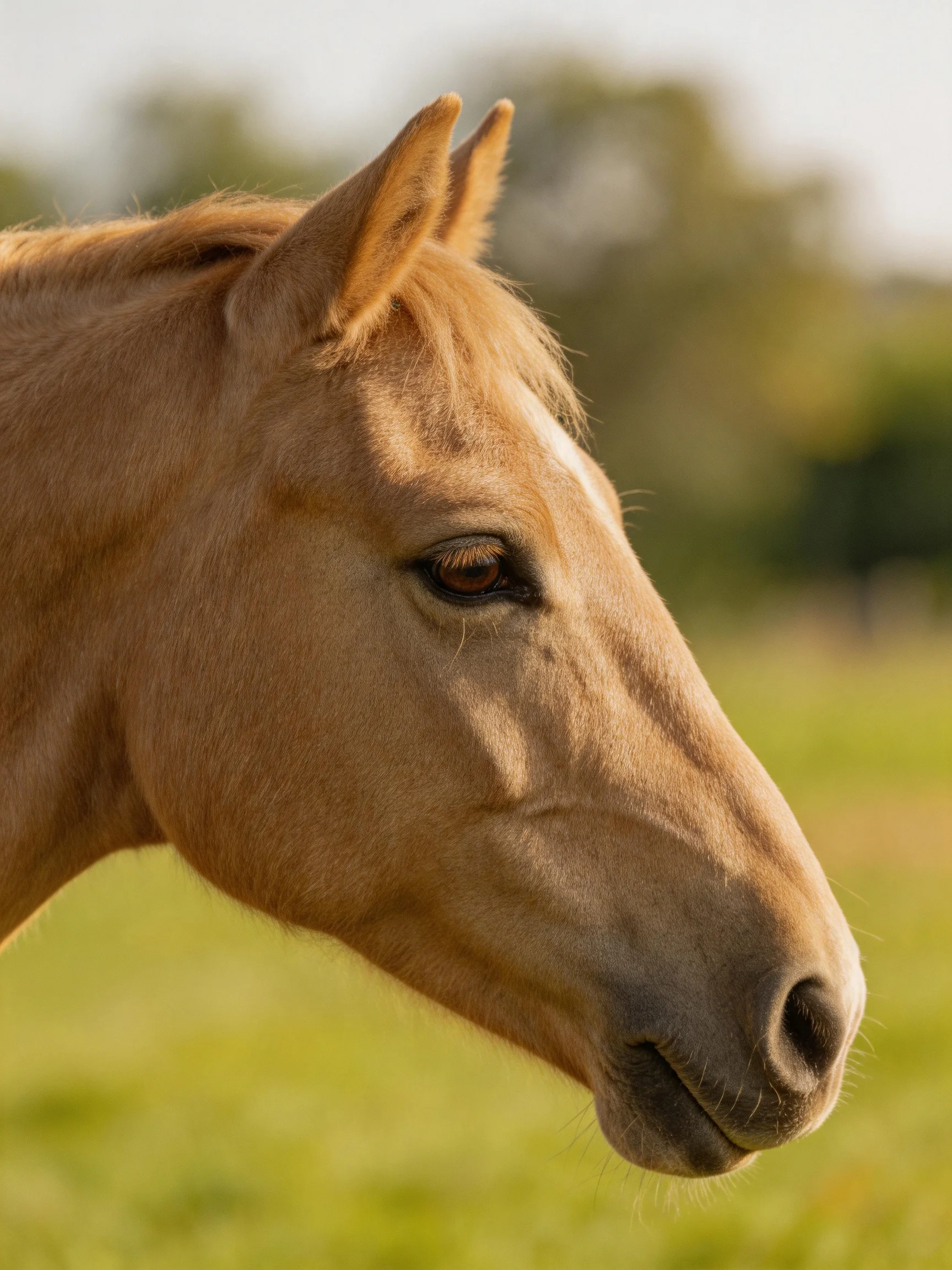 A close - up of a tan horse in a sunlit meadow.
