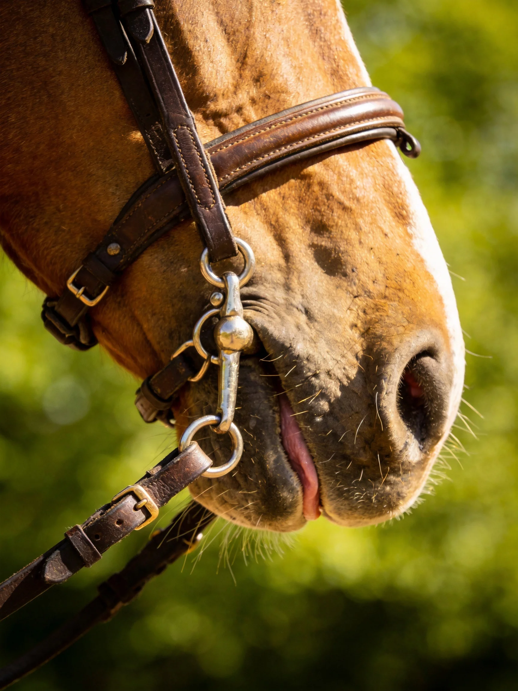 A close - up of a tan horse wearing a dark brown leather bridle