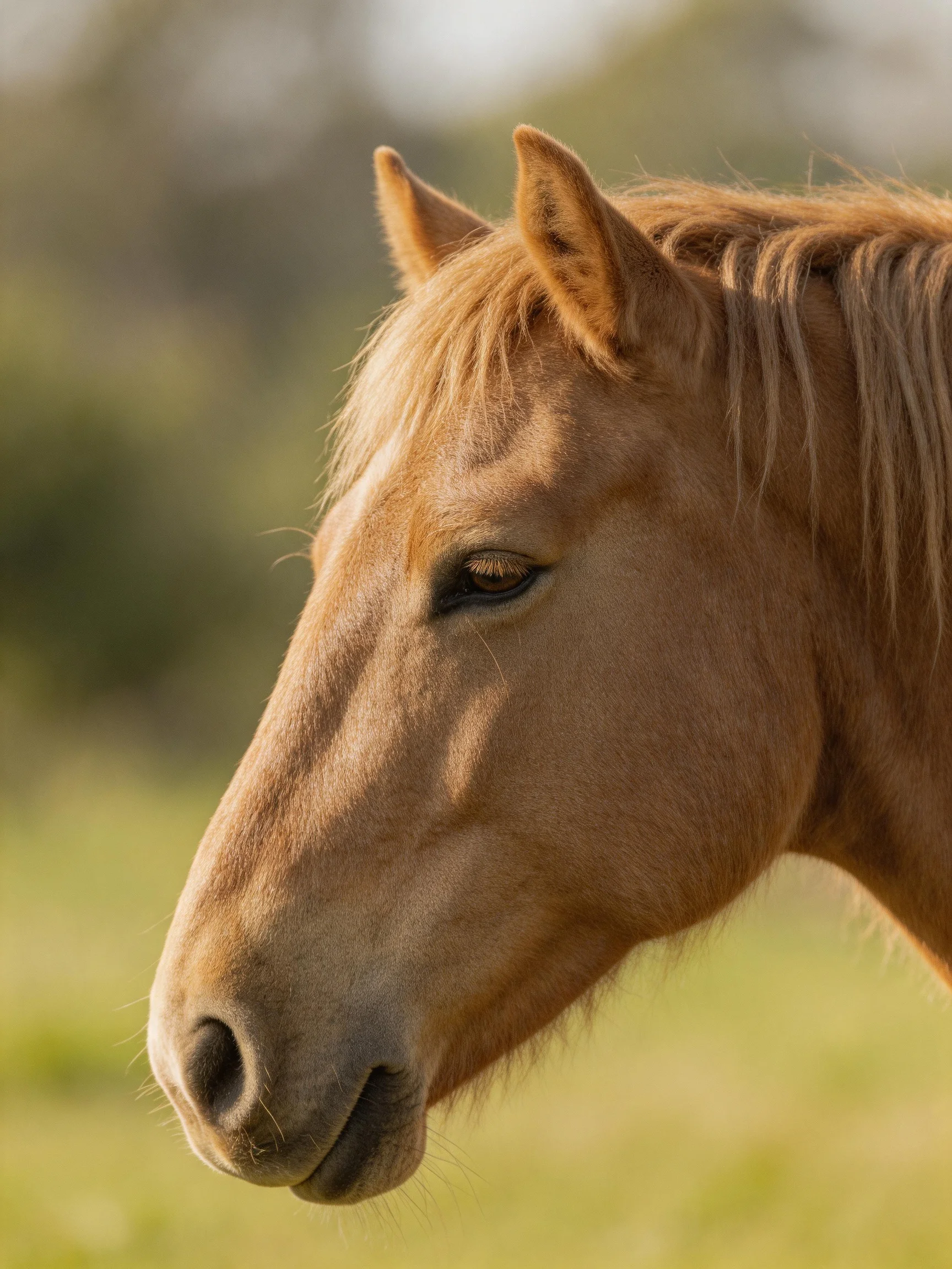A tan horse with a golden mane is shown in a sunlit outdoor setting.
