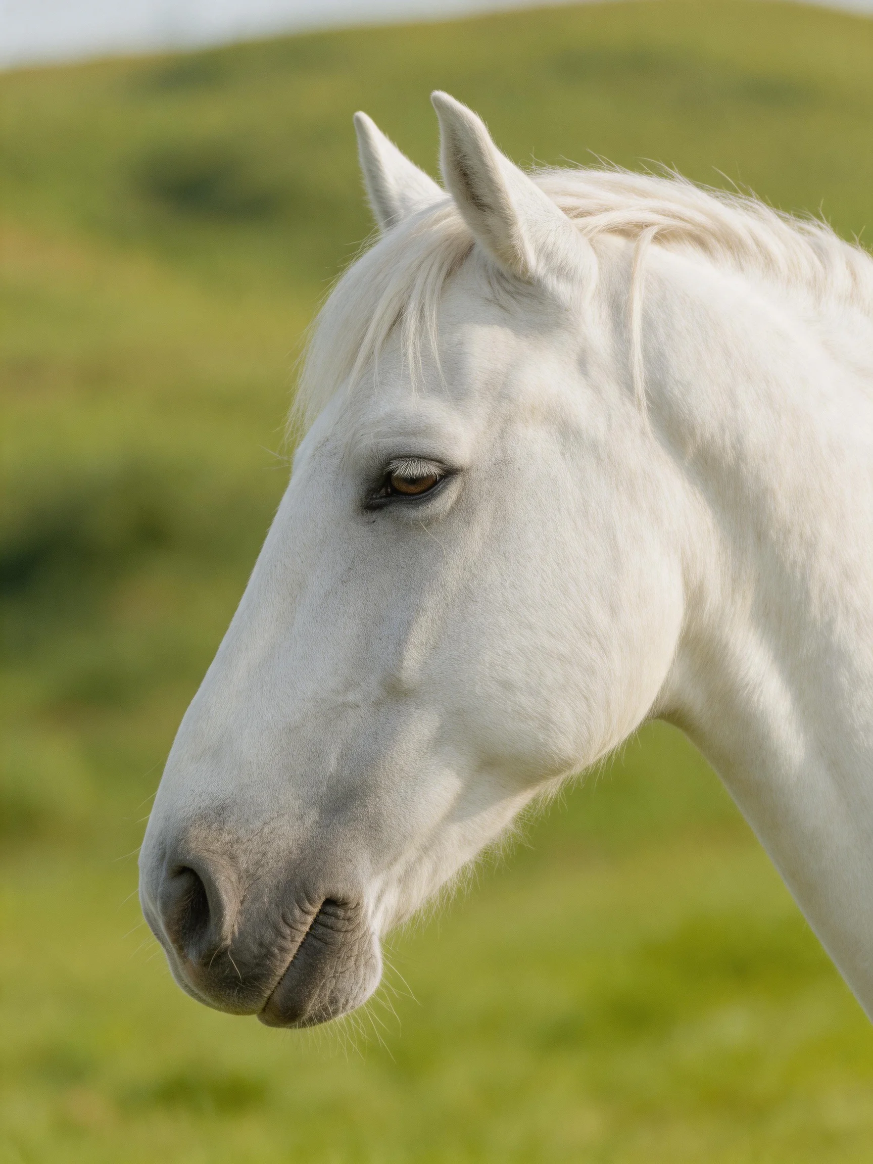 A close - up of a white horse in a green meadow