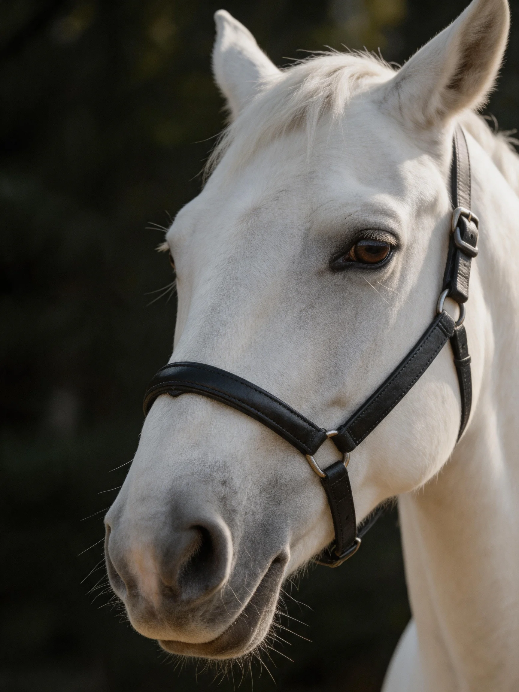 A close - up of a white horse wearing a black leather halter