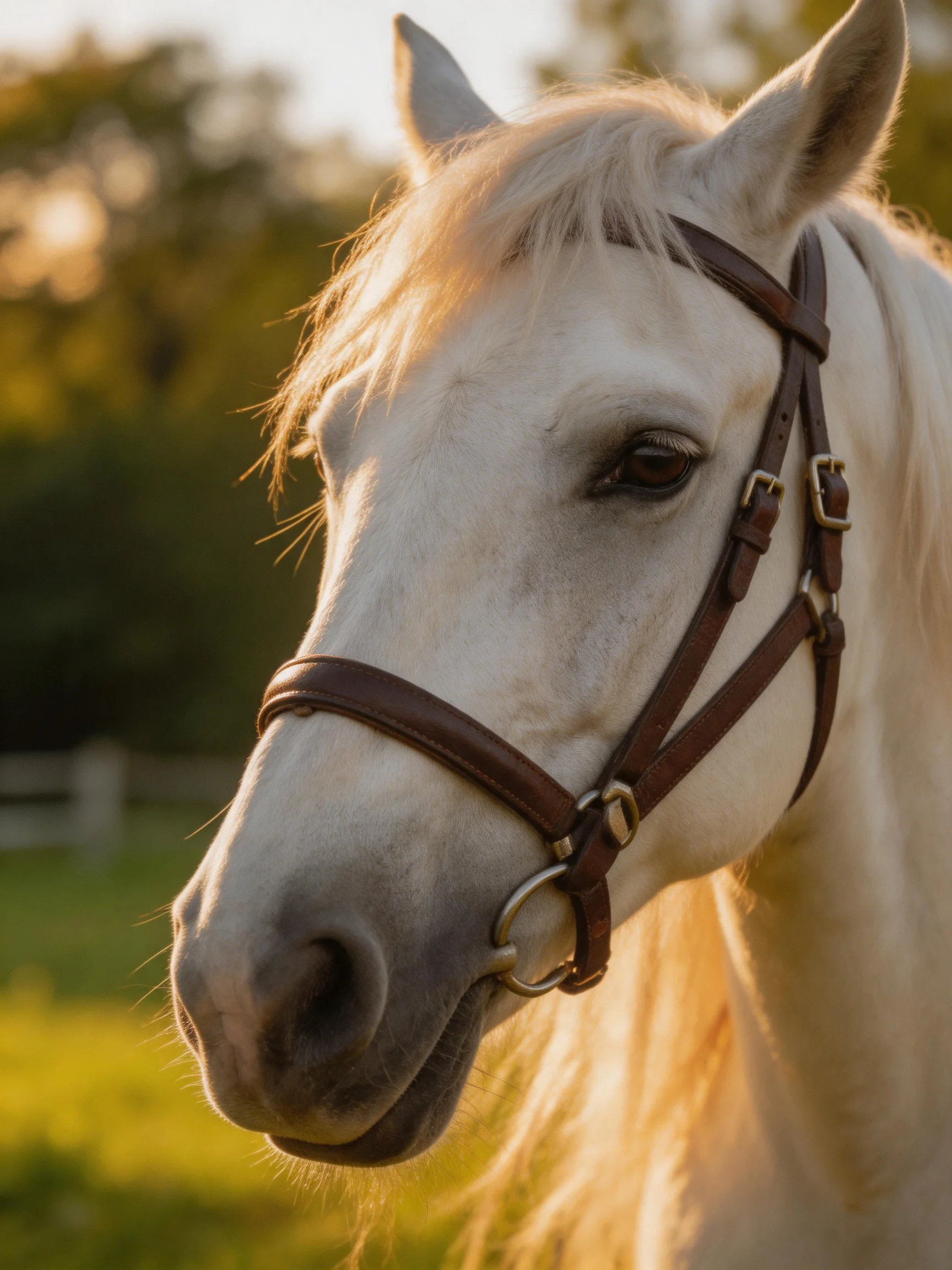 A close - up of a white horse wearing a brown bridle in golden light