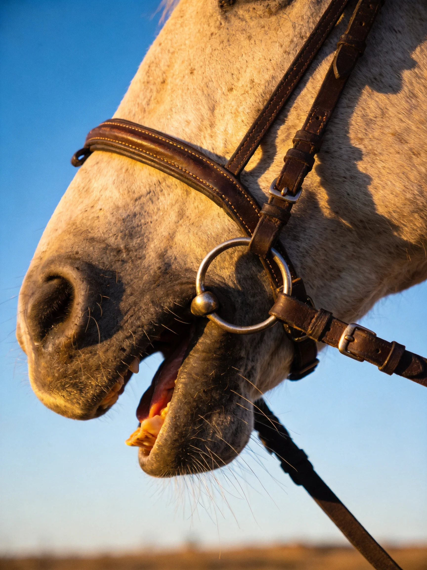 A close - up of a white horse wearing a brown leather bridle