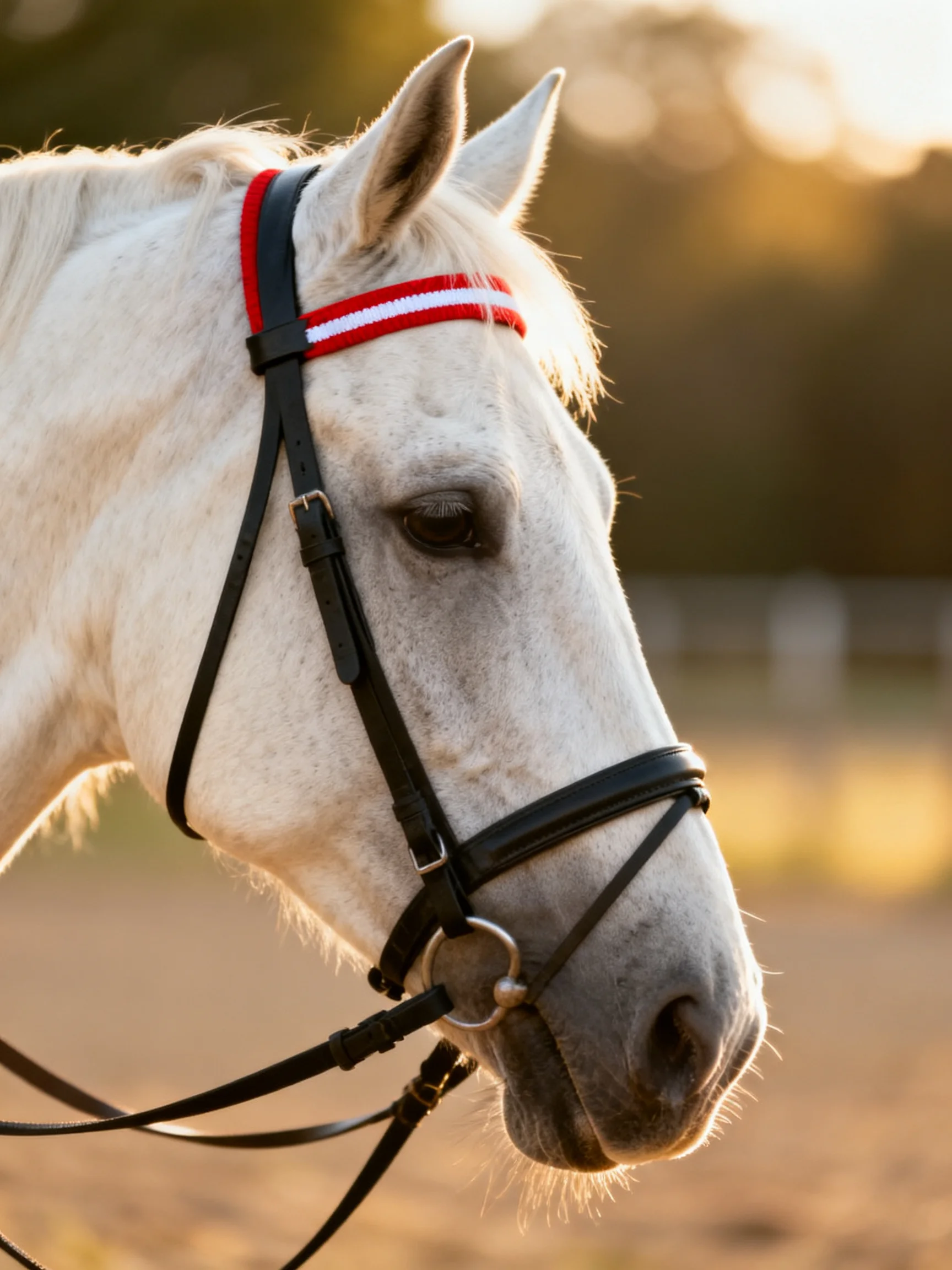 A close - up of a white horse wearing a black bridle and red - white headband in an outdoor setting.