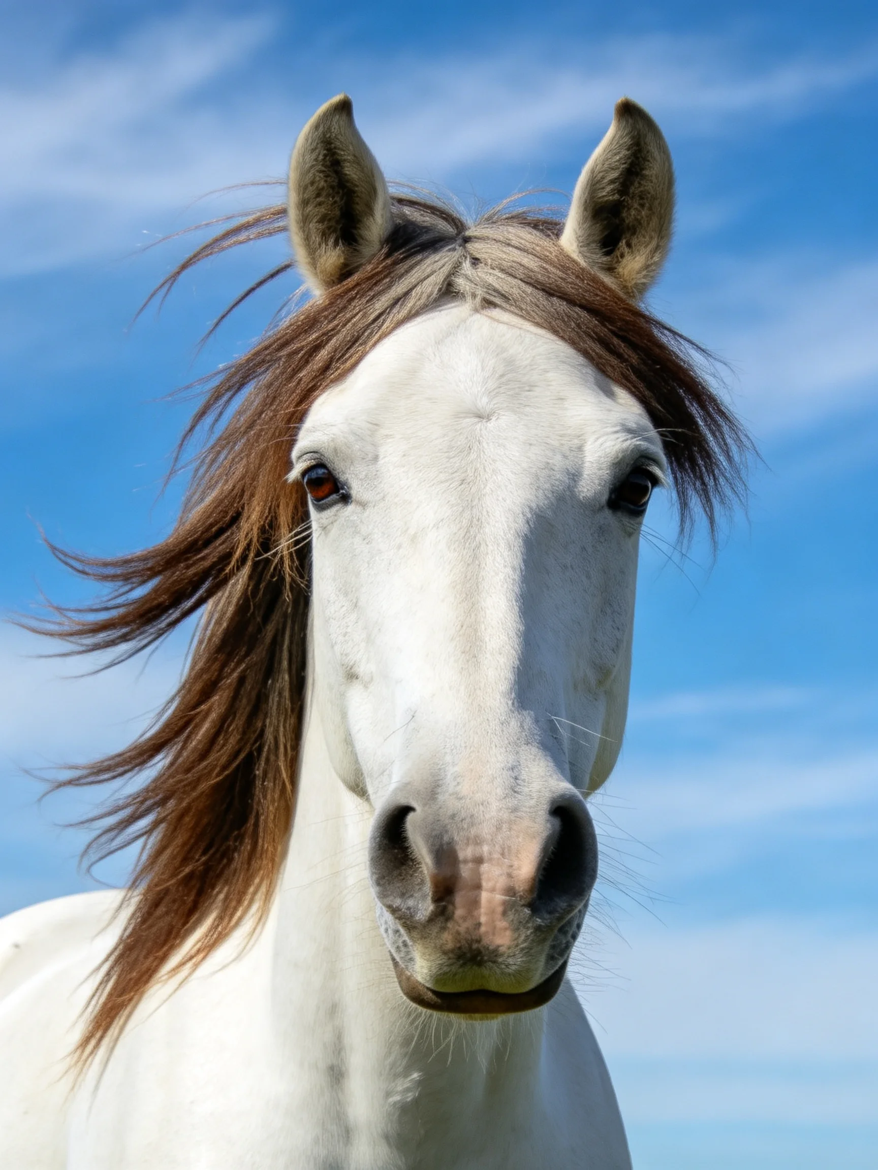 A white horse with a brown mane stands shown against a clear blue sky.