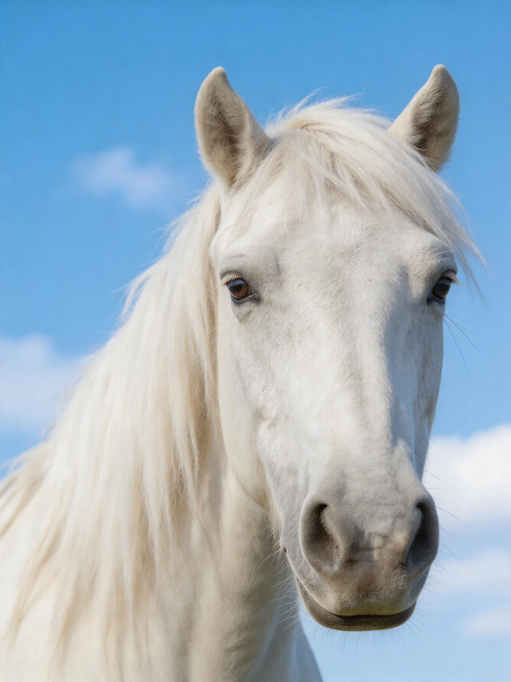 A close - up of a white horse with a clear blue sky backdrop