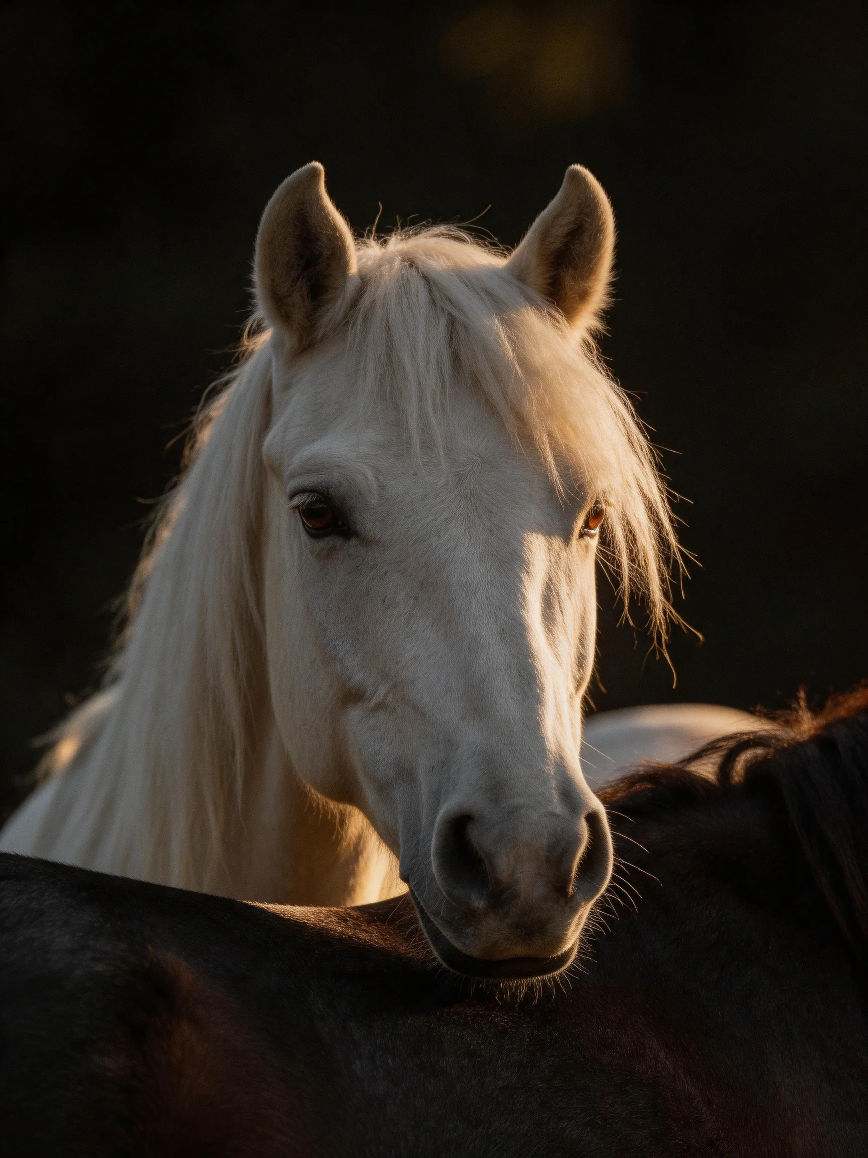 A white horse interacts with a dark horse in a dimly lit scene.