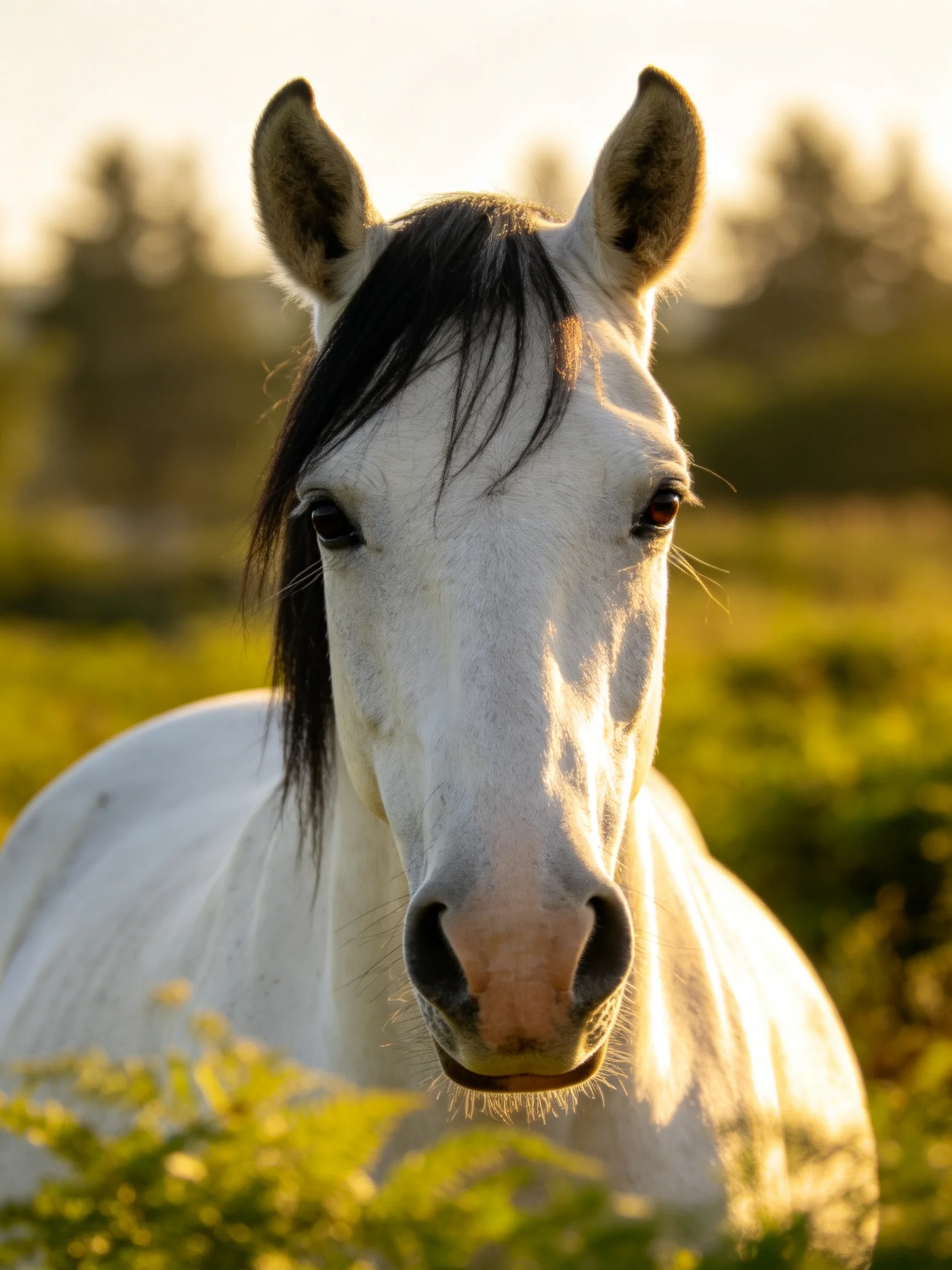 A white horse with a dark mane is centered in a sunlit natural scene.
