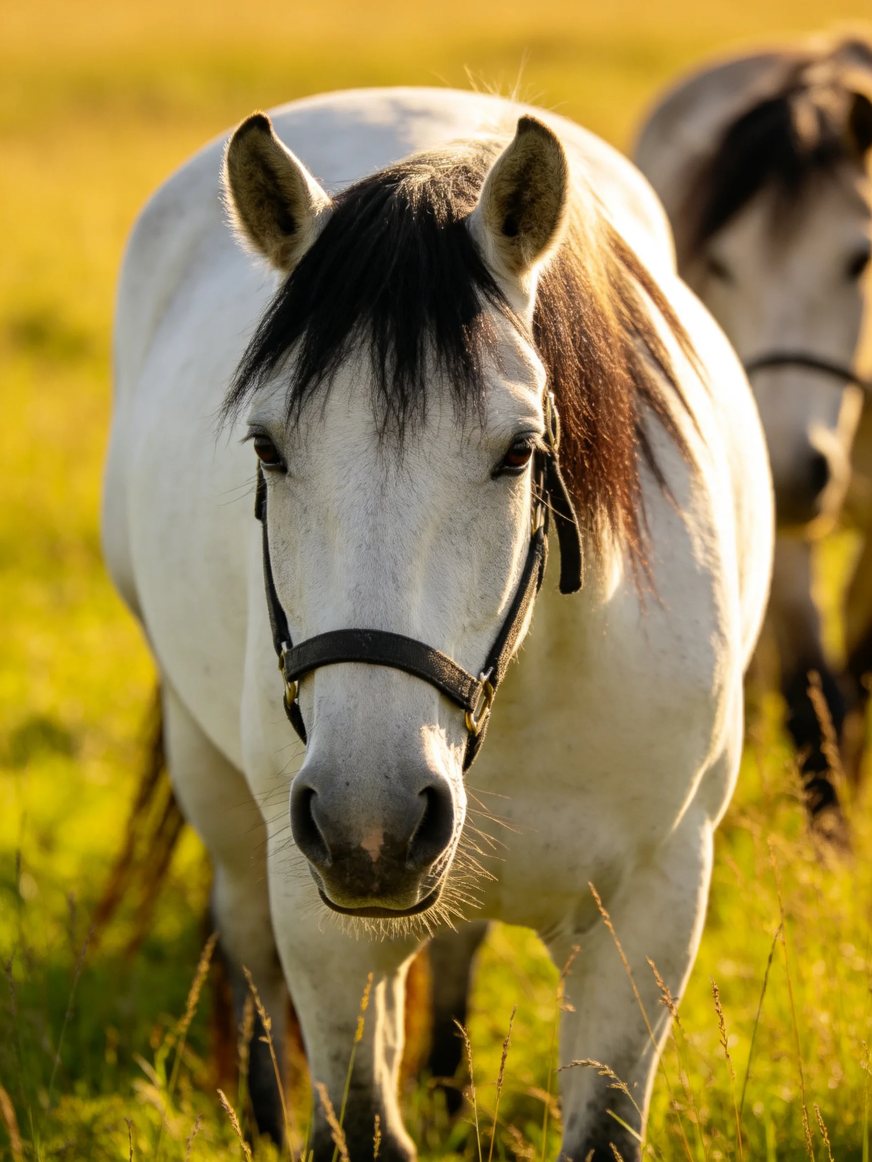 Two horses are in a sunlit meadow, with a white horse prominently featured and another horse nearby.