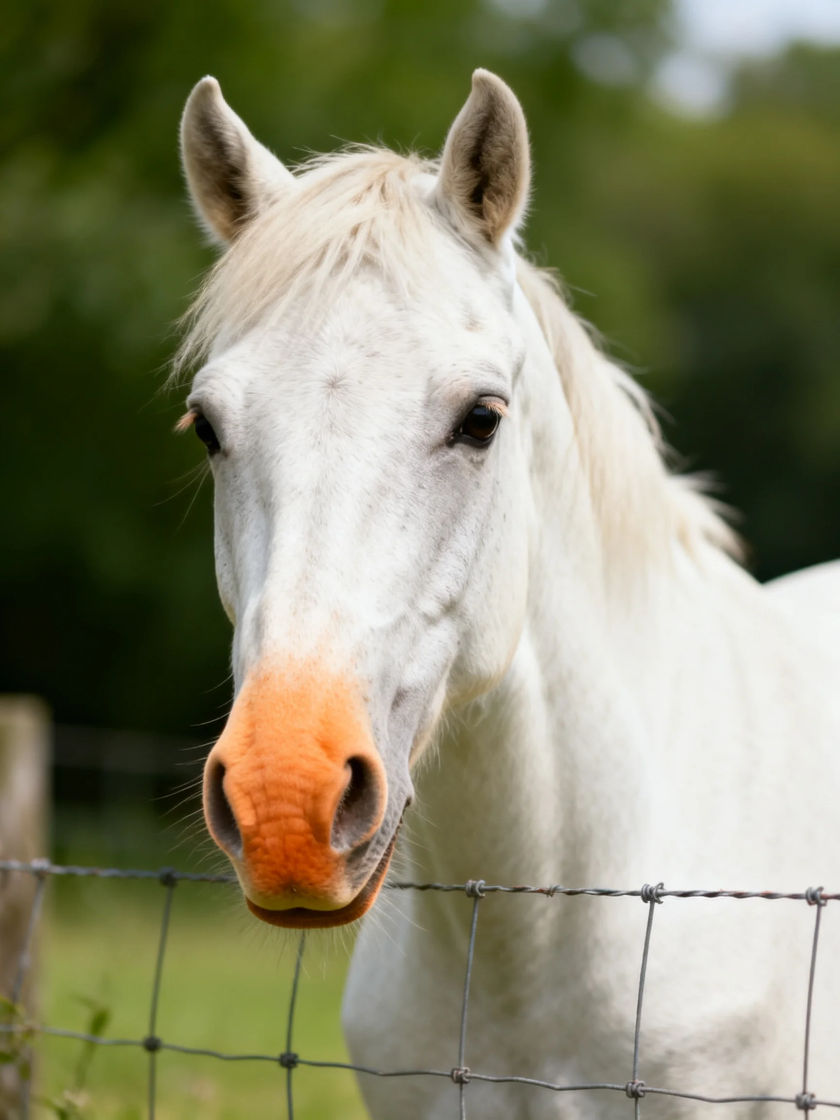 A white horse with an orange nose stands near a wire fence in a green outdoor setting.