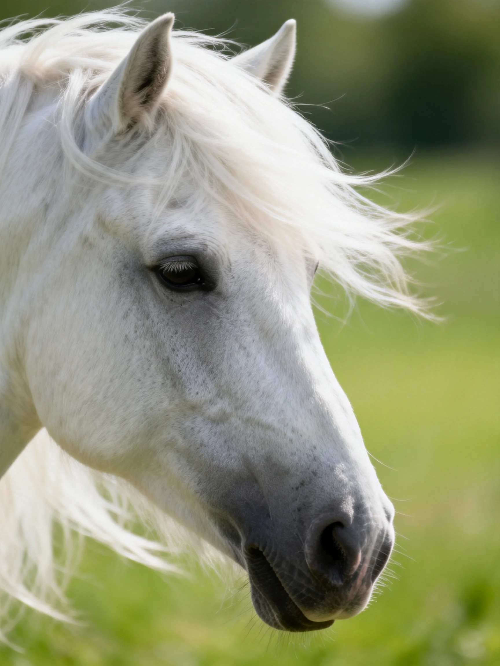 A close - up of a white horse with flowing mane in a green landscape