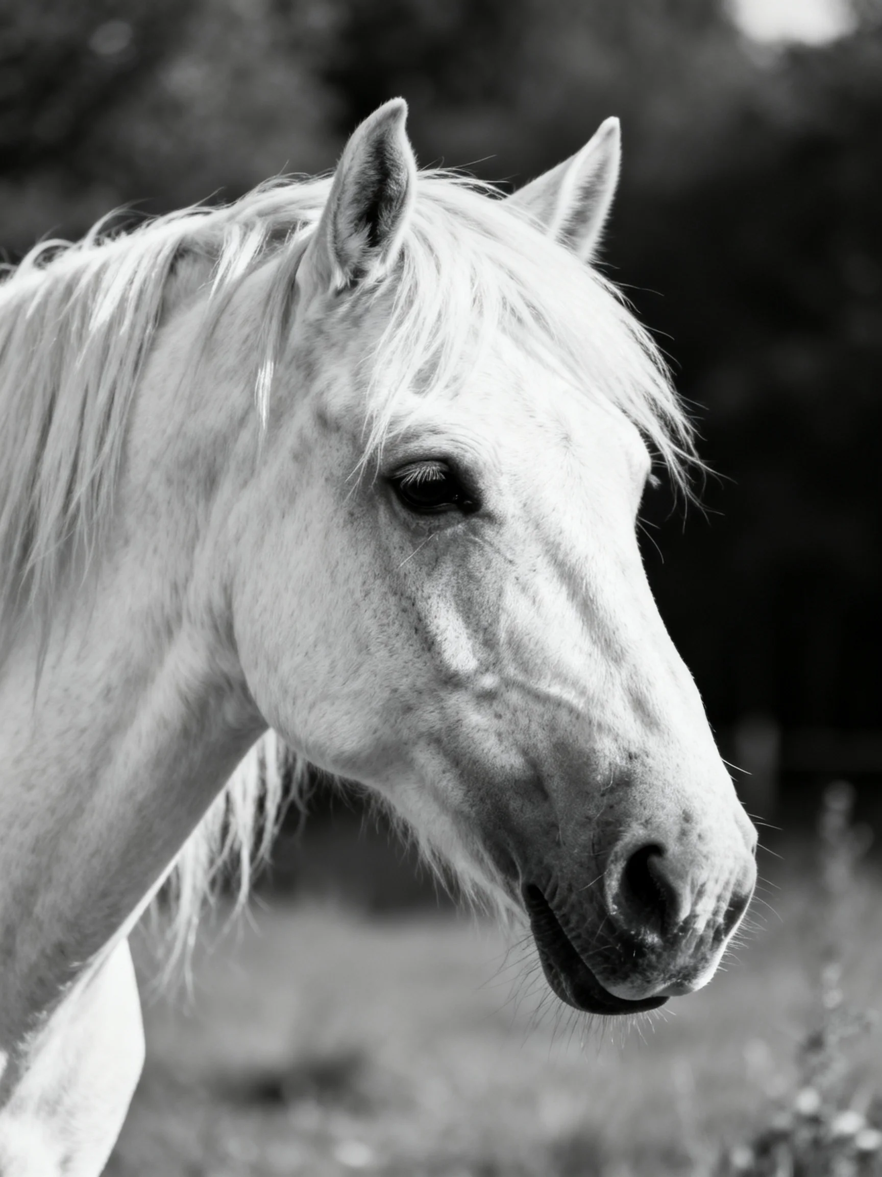 A close - up of a white horse with flowing mane in monochrome