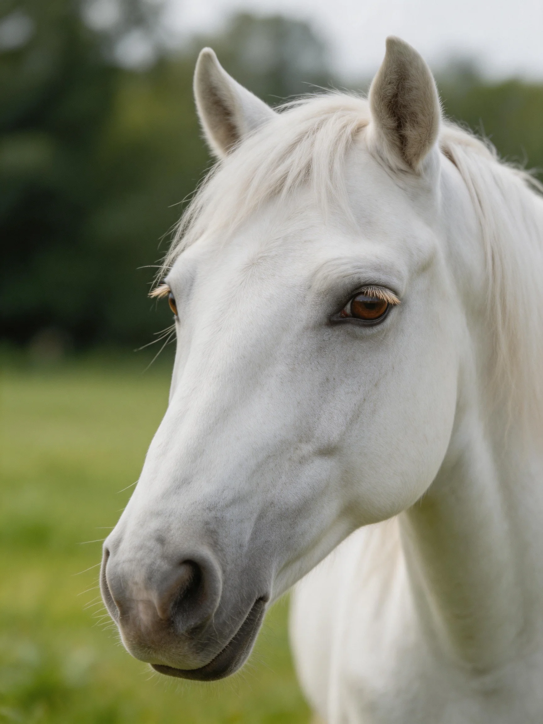 A white horse with golden eyes is shown in a green outdoor setting.
