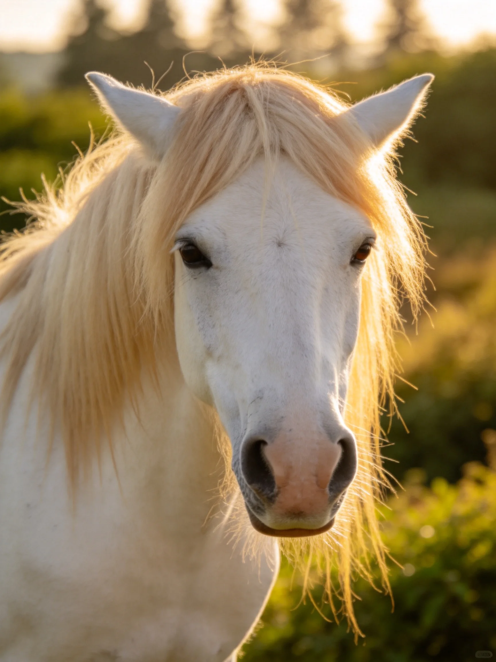 A white horse with a golden mane stands in a sunlit natural setting.