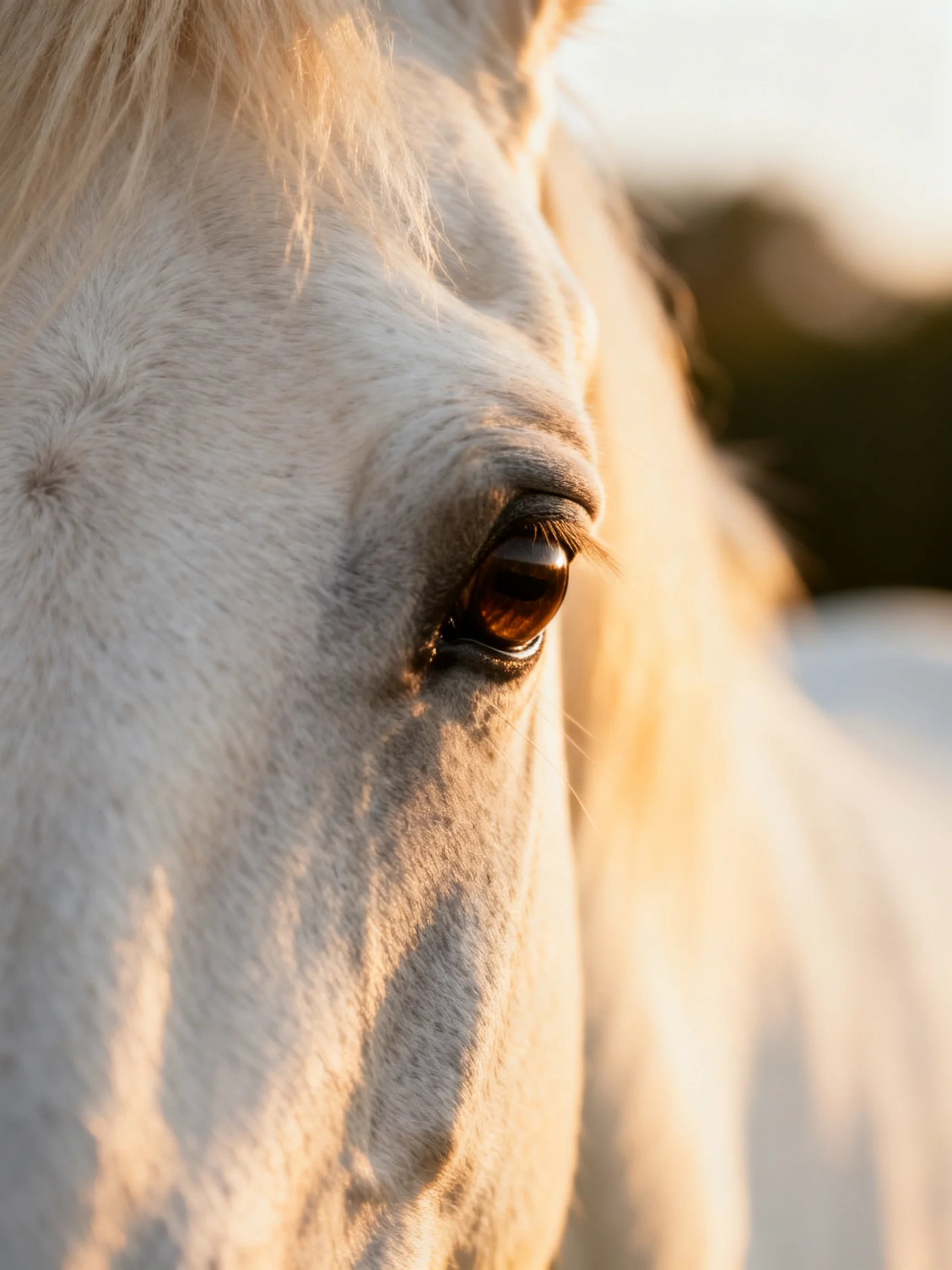 A close - up of a white horses eye with golden sunlight.